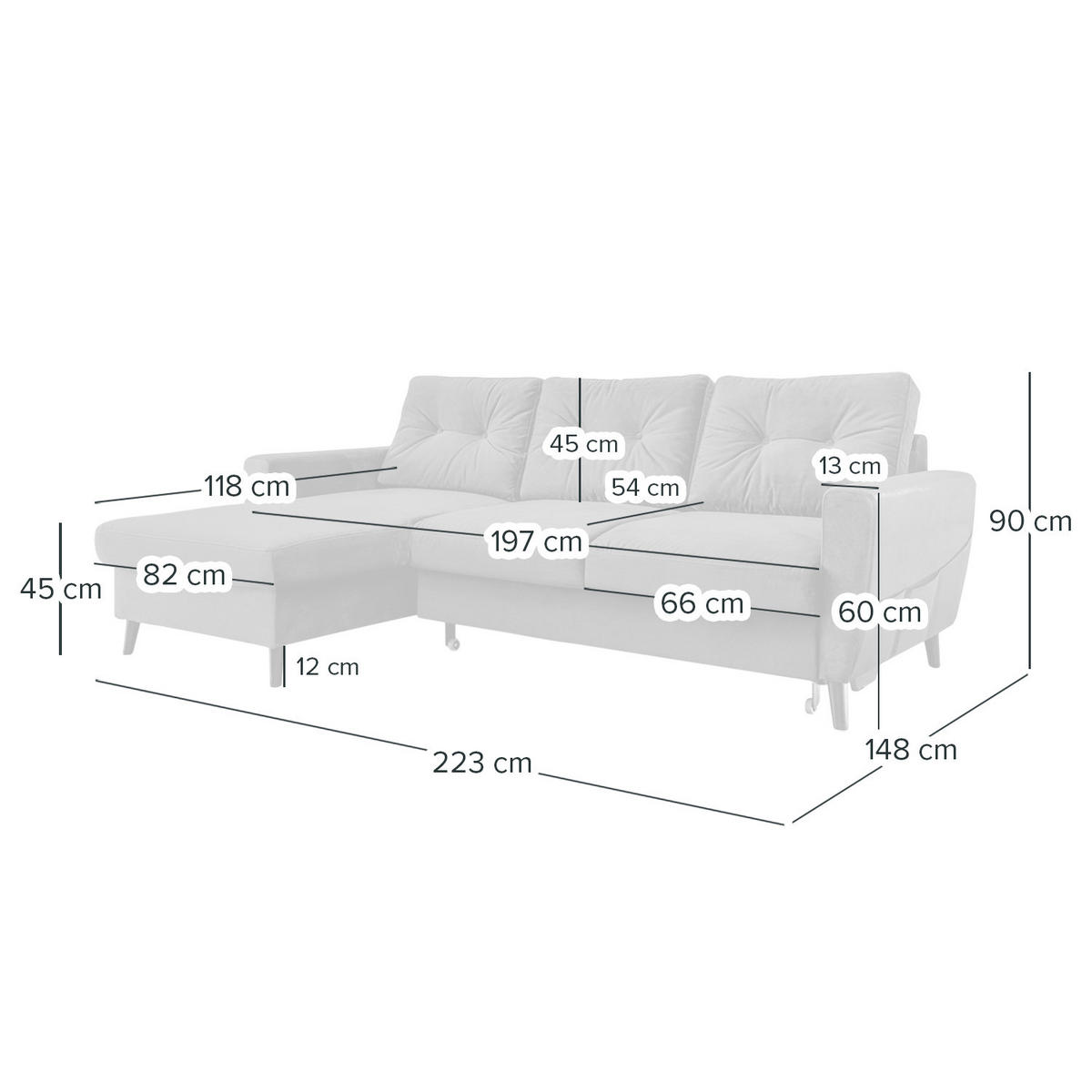 ECKSOFA mit Longchair - Petrol/Schwarz, Buchenholz/Textil (233/148cm) - home24