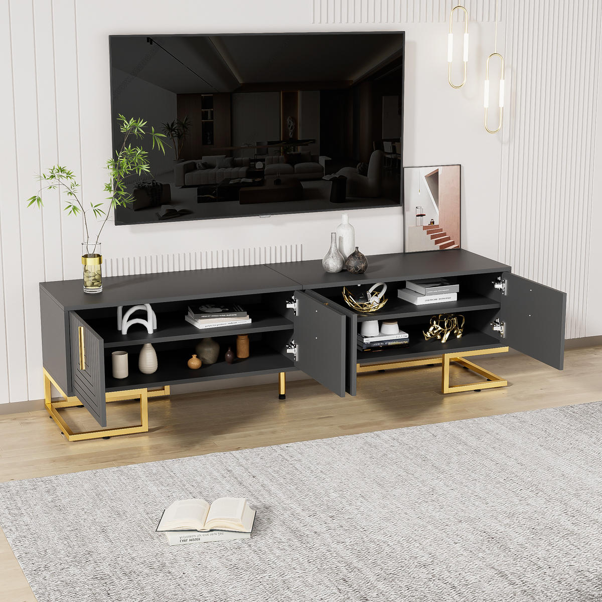 TV-SCHRANK in Grauschwarz mit 4 Türen und goldfarbenen Metallfüßen 170/40/45.5 cm - Grau, Holzwerkstoff (170/45.5/40cm) - Redom