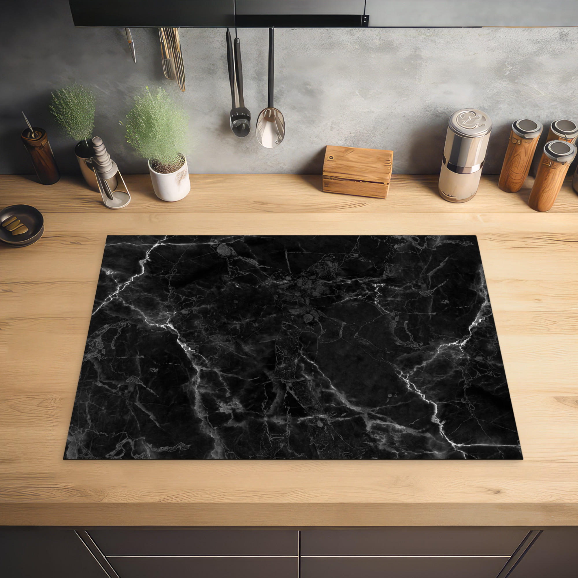 HERDABDECKPLATTE Marmor - Schwarz - Weiß - Textur - Marmoroptik 75x52 cm - Silberfarben, Kunststoff (75/0.2/52cm) - MuchoWow