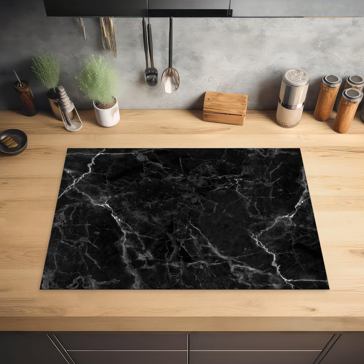 HERDABDECKPLATTE Marmor - Schwarz - Weiß - Textur - Marmoroptik 75x52 cm - Silberfarben, Kunststoff (75/0.2/52cm) - MuchoWow