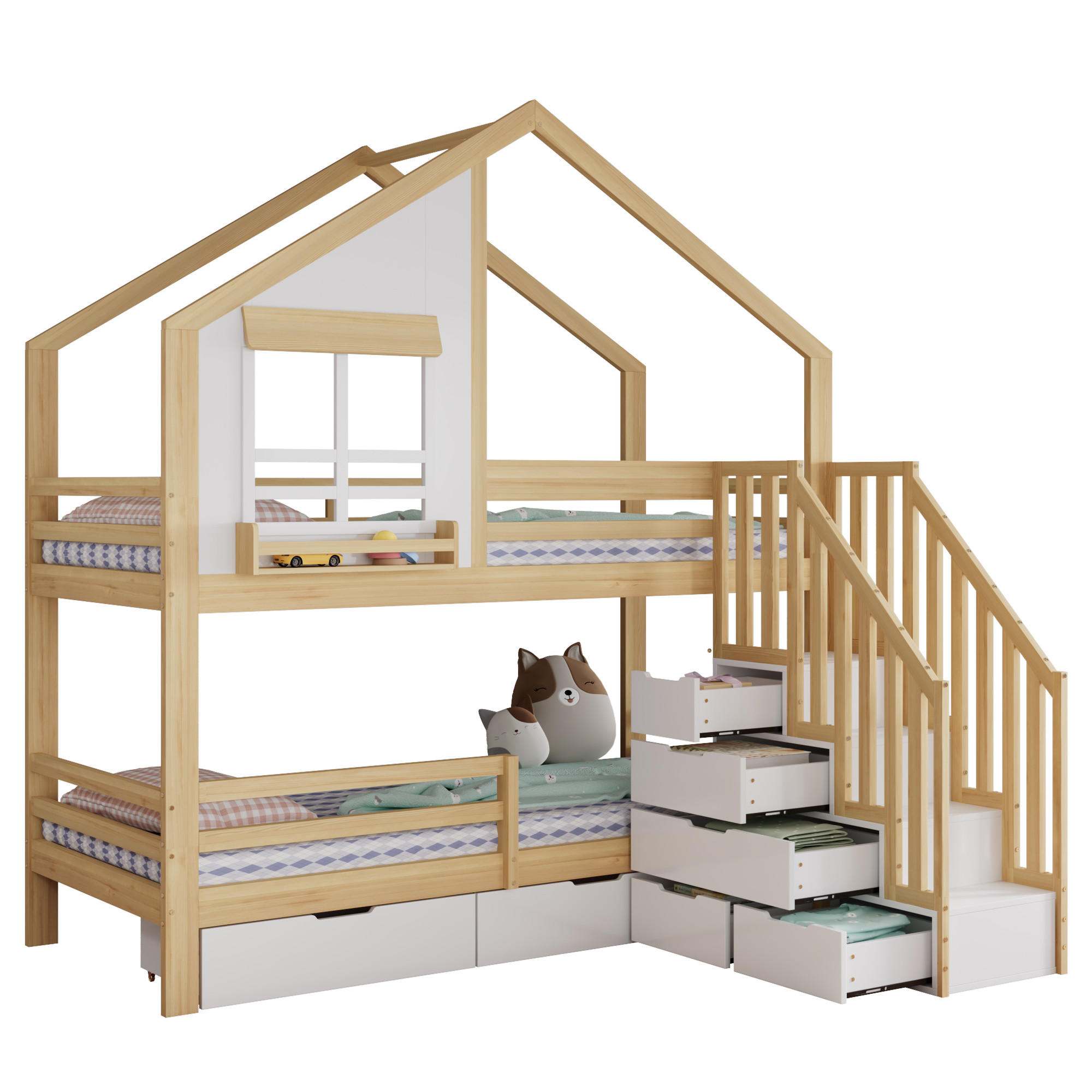 ETAGENBETT 90/200 cm in Weiß & Natur mit Stauraumtreppe und Schubladen - Naturfarben/Weiß, Holz/Holzwerkstoff (90/200cm) - WISHDOR
