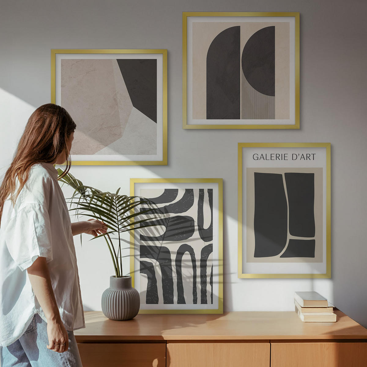 BILDER SET 4er Set - 50x50 cm & 40x60 cm Goldrahmen - Abstrakte minimalistische Poster - Goldfarben, Kunststoff (50/50cm) - TULUP
