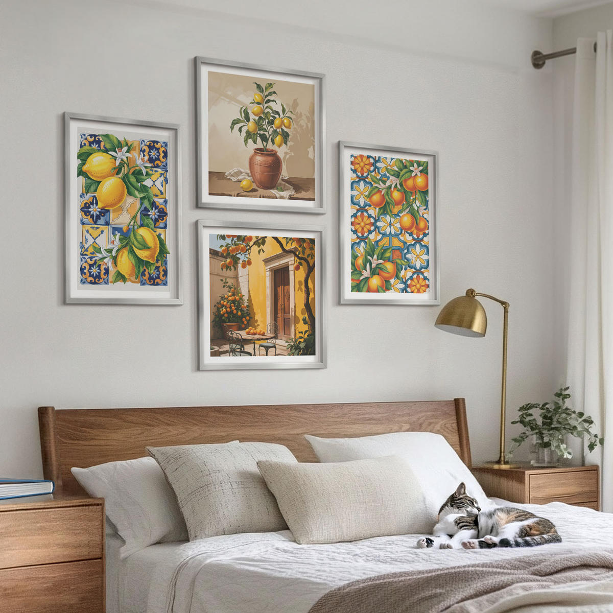 WANDBILDER 4er Set - 50x50 cm & 40x60 cm Silberner Rahmen - Zitronenorange Blütenmuster - Silberfarben, Kunststoff (50/50cm) - ArtPrintCave