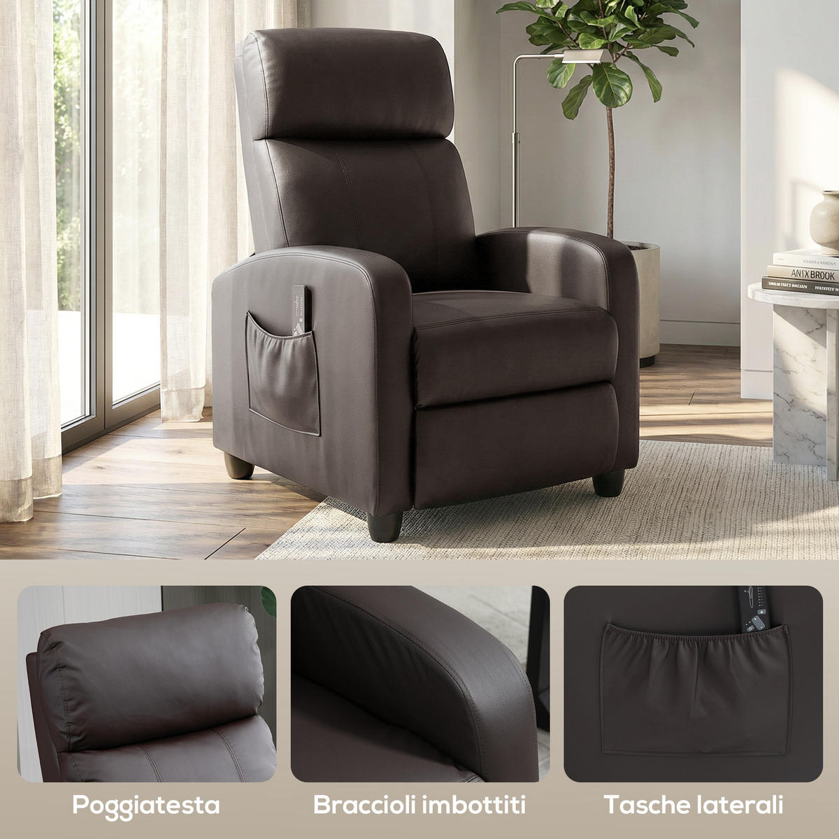 MASSAGESESSEL,8 Programme verstellbare Lehne Fußstütze,braun - Braun, Leder (88/98/68cm) - Vallsero