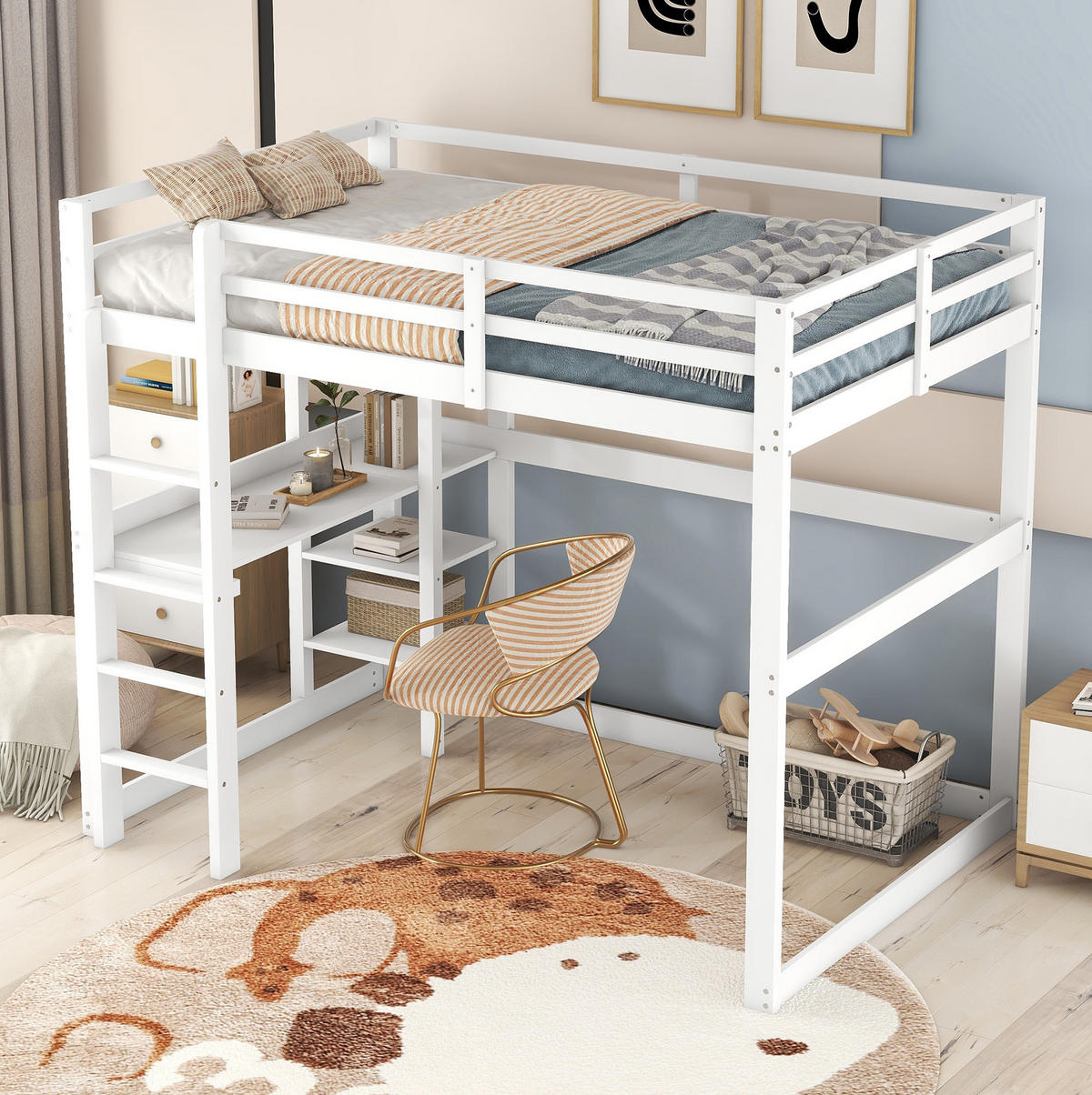 HOCHBETT 140/200 cm mit Stauraum aus Kiefer mit Schreibtisch - Weiß, Holz (140/200cm) - OKWISH