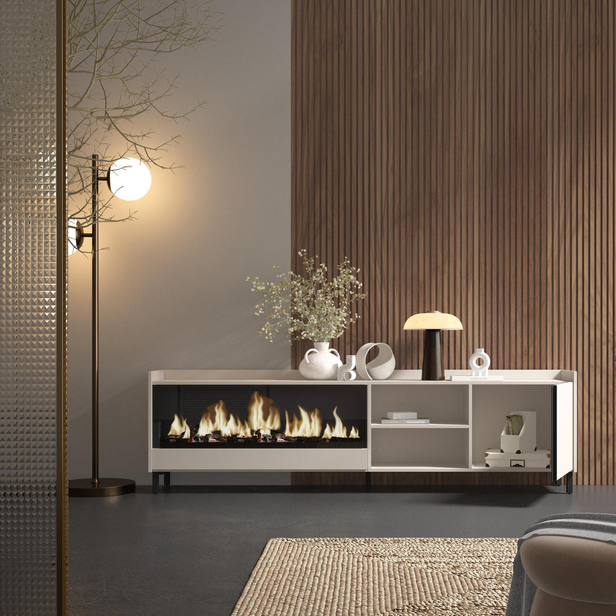 LOWBOARD, Beige, 212/35/61cm, Kamin mit Feuereffekt XXL - Beige, Holzwerkstoff (212/61/35cm) - Skraut Home