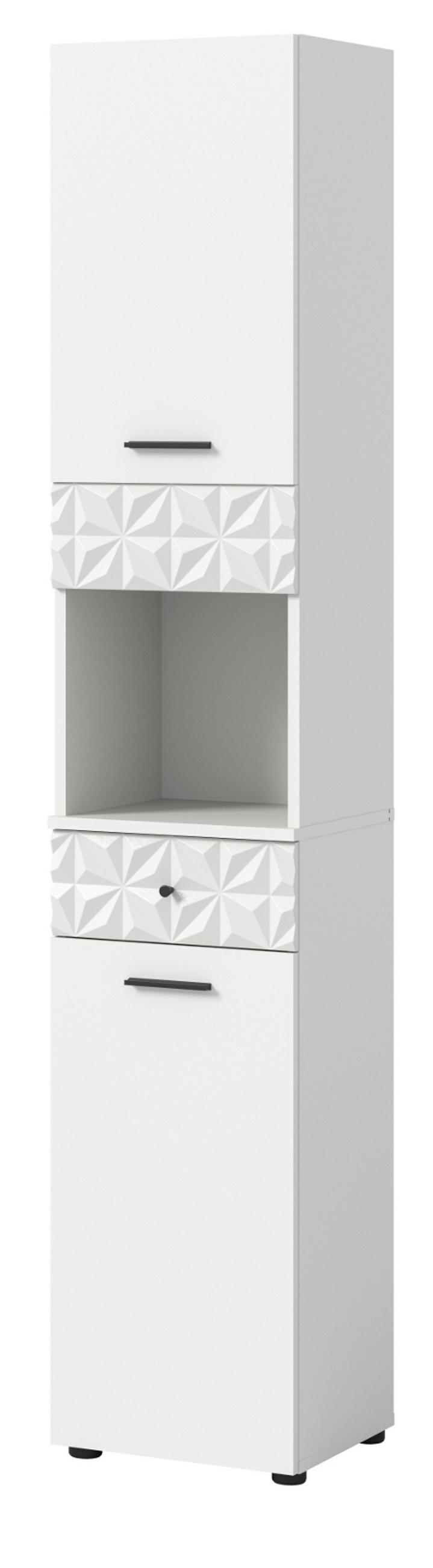 HOCHSCHRANK weiß Hochglanz 35 cm, Badschrank mit 3D-Struktur - Weiß Hochglanz/Schwarz, Holzwerkstoff/Kunststoff (35/187/34cm) - Inn.Furn