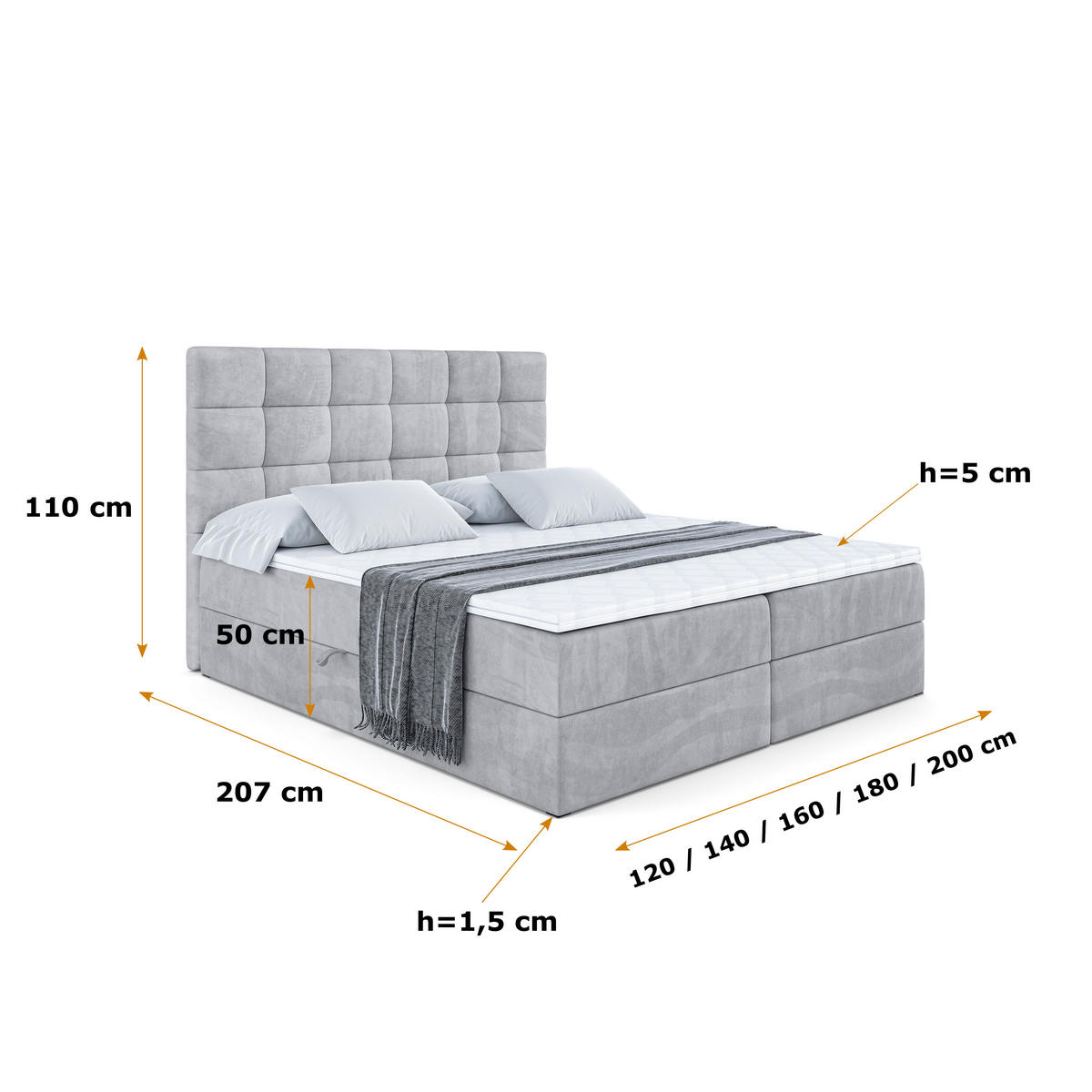 BOXBETT mit H3-Matratze und Lattenrost - BRUGO - 180x200 Hellgrau - Hellgrau, Holzwerkstoff (180/200cm) - ALTDECOR
