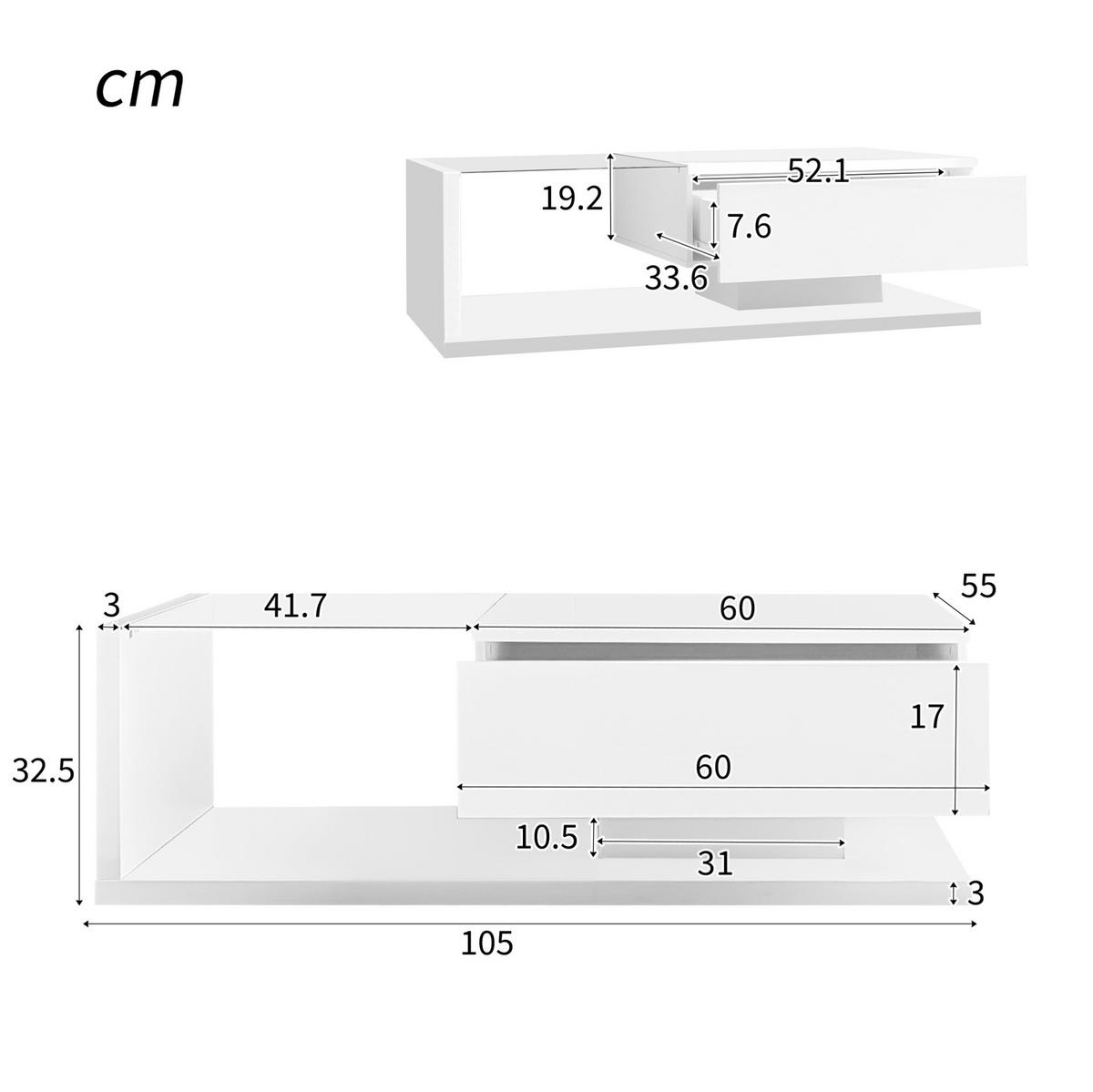 COUCHTISCH, Hochglanz-Weiß mit gehärtetem Glas und 16‑farbiger dimmbarer LED, 105/55/32,5 cm,Weiß - Weiß, Holzwerkstoff (105/55/32.5cm) - Redom