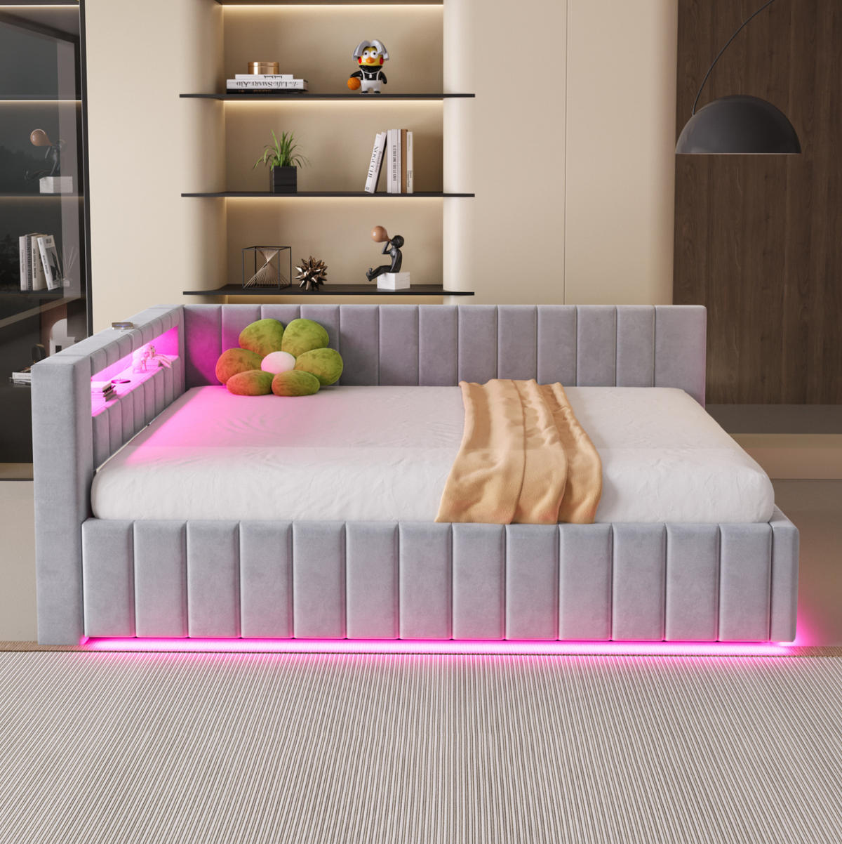 POLSTERBETT 140/200 cm aus Samt mit LED-Beleuchtung USB und Stauraum Grau - Hellgrau, Textil (140/200cm) - Modenvie