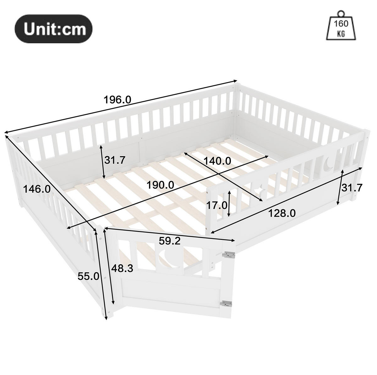 KINDERBETT 140/190 cm, Weiß mit Gitter und Stern- und Monddekor ohne Matratze - Weiß, Holz (140/190cm) - MIVRAY