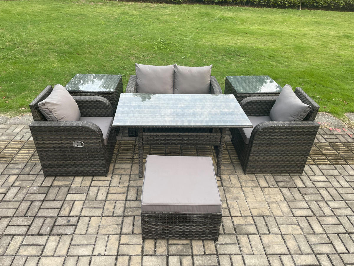 GARTENMÖBEL SET mit Beistelltischen,Zweisitzer Polyrattan 5-Sitzer - Dunkelgrau/Grau, Glas/Kunststoff - Fimous