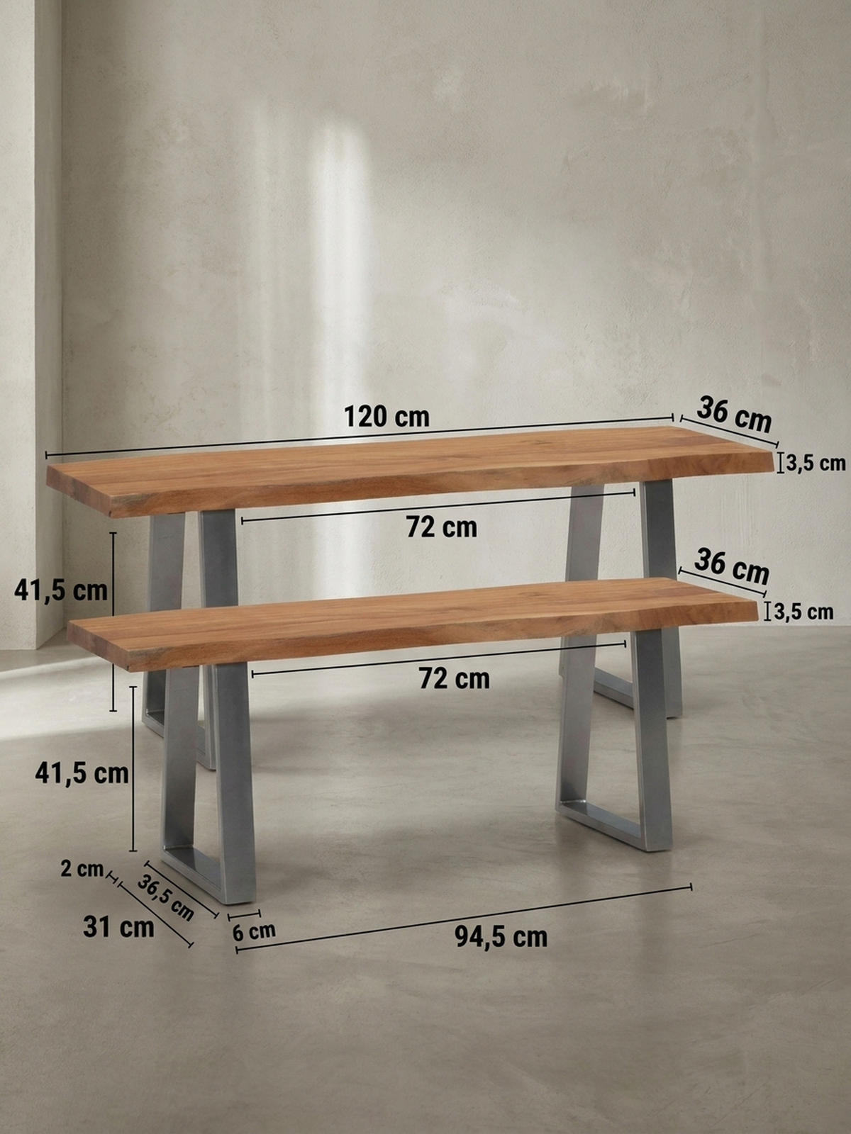 GARDEROBENBANK Massivholz Metall Baumkante, Akazie-Silber 120x40x46 cm - Silberfarben/Braun, Holz/Metall (120/46/40cm) - KADIMA DESIGN