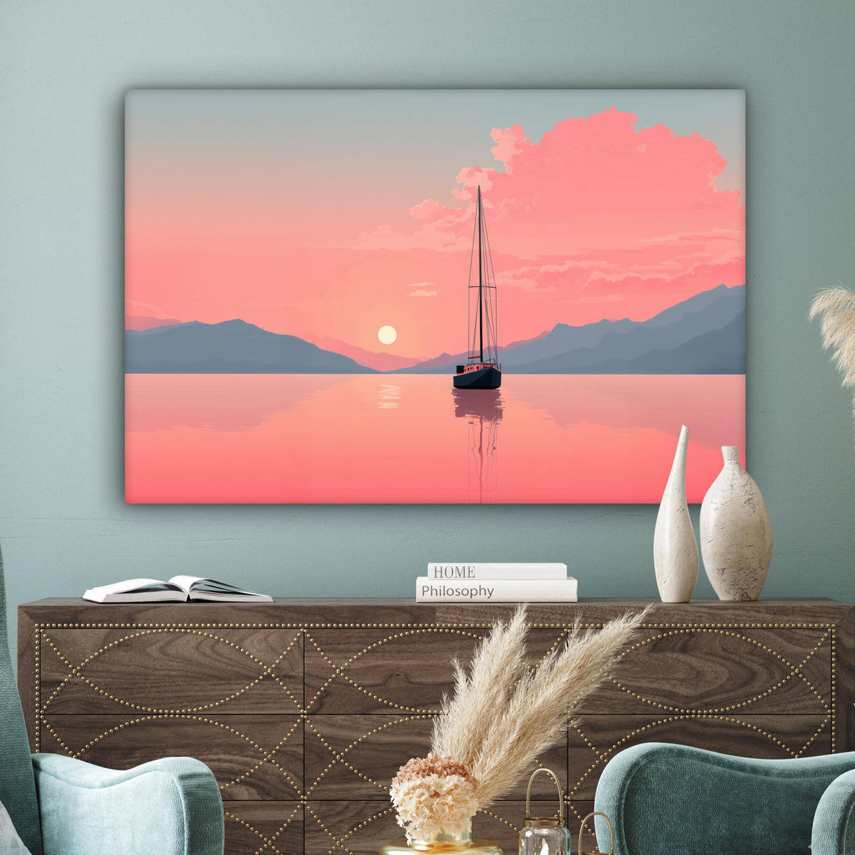 LEINWANDBILD Segelboot - Rosa Meer - Sonnenuntergang - Berge Groß 140x90 cm - Rosa, Textil (140/90cm) - MuchoWow