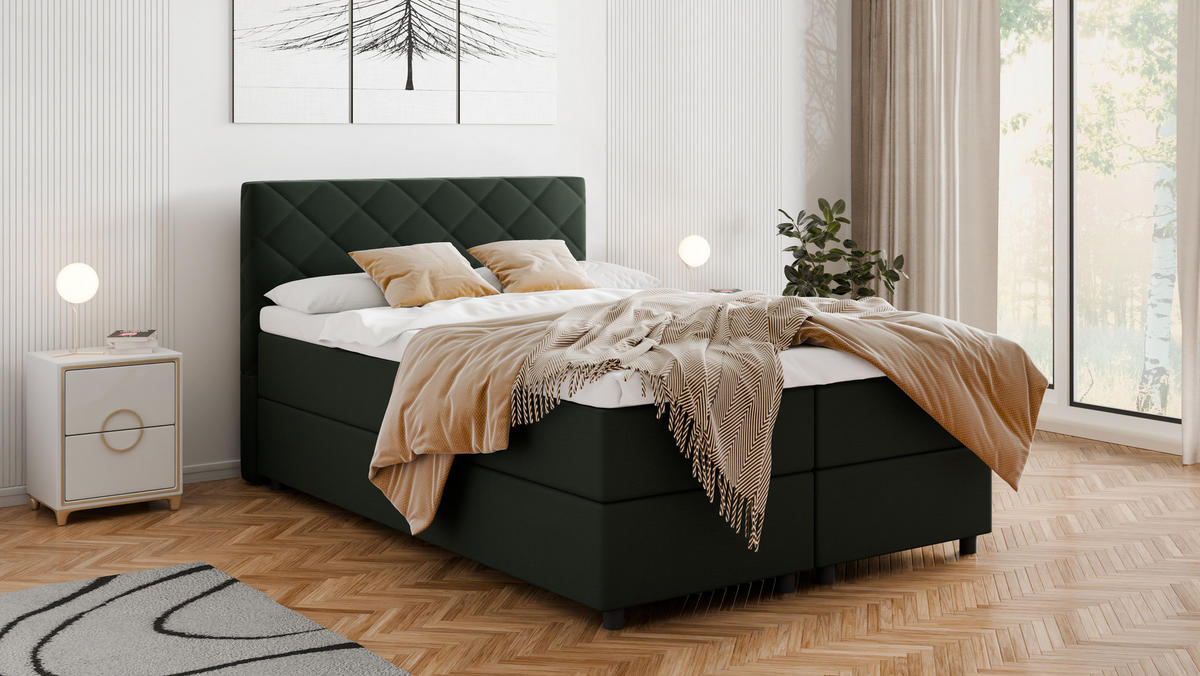 BOXBETT Diamaro 140x200 cm mit Bettkasten und Topper - Dunkelgrün - Grün, Holz (140/200cm) - Panda Möbel