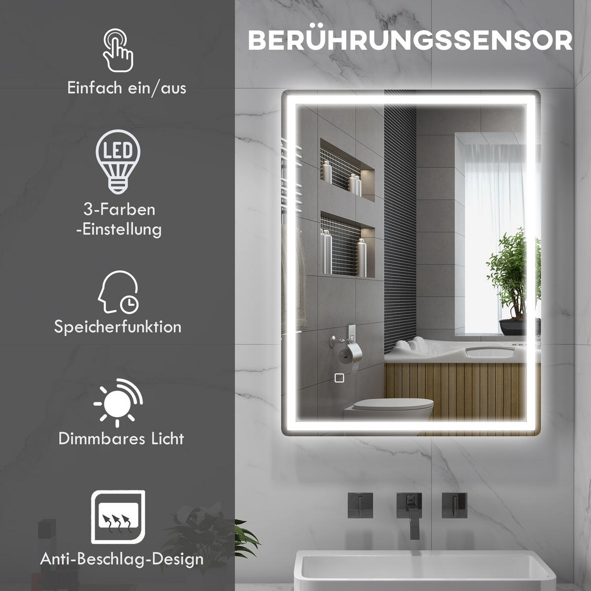 BADSPIEGEL, mit Touchschalter, Memory-Funktion, beschlagfrei, Wasserdicht - Silberfarben, Glas (60/4/80cm) - HOMCOM