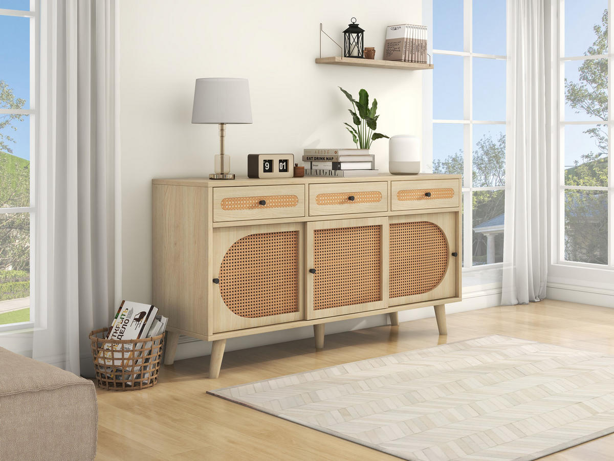 SIDEBOARD 140/40/78 cm, 3 Schubladen und 3 Türen, Oak-Optik mit PE-Rattantüren, Eiche - Eichefarben, Holzwerkstoff (140/78/40cm) - Redom