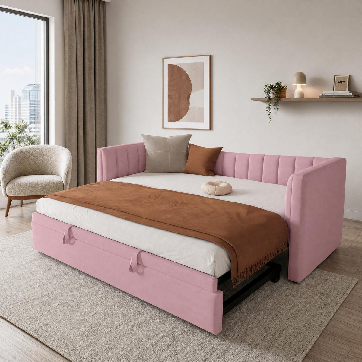 POLSTERBETT 90/200 mit Ziehbett, Samtbezug und MDF-Konstruktion als Daybett in Rosa - Rosa, Holzwerkstoff/Textil (90/200cm) - EVRYAE