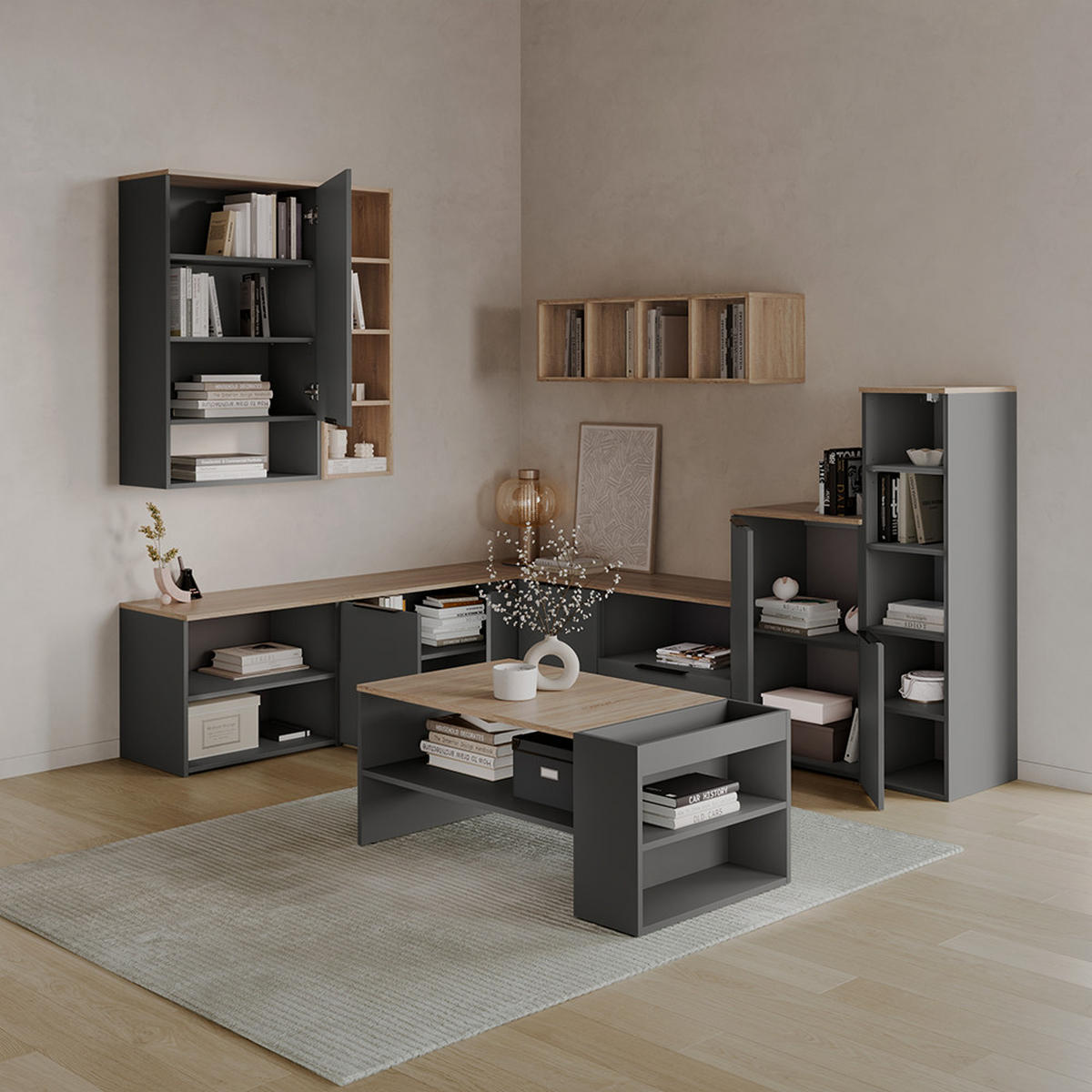 LOWBOARD Piave Anthrazit/Sonoma 60 x 50 cm mit 2 Fächern - Anthrazit/Sonoma Eiche, Holzwerkstoff (60/50/40cm) - Livinity®