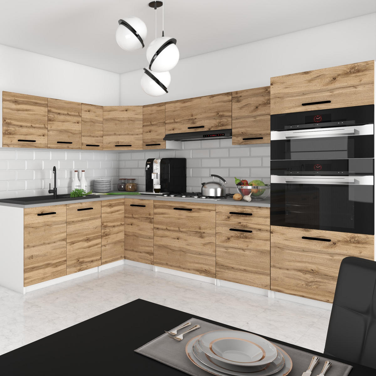 KÜCHENZEILE Italia 8 420 cm , mit Arbeitsplatten, Goldbraun - Braun, Holz (420/143/60cm) - B BELINI GROUP