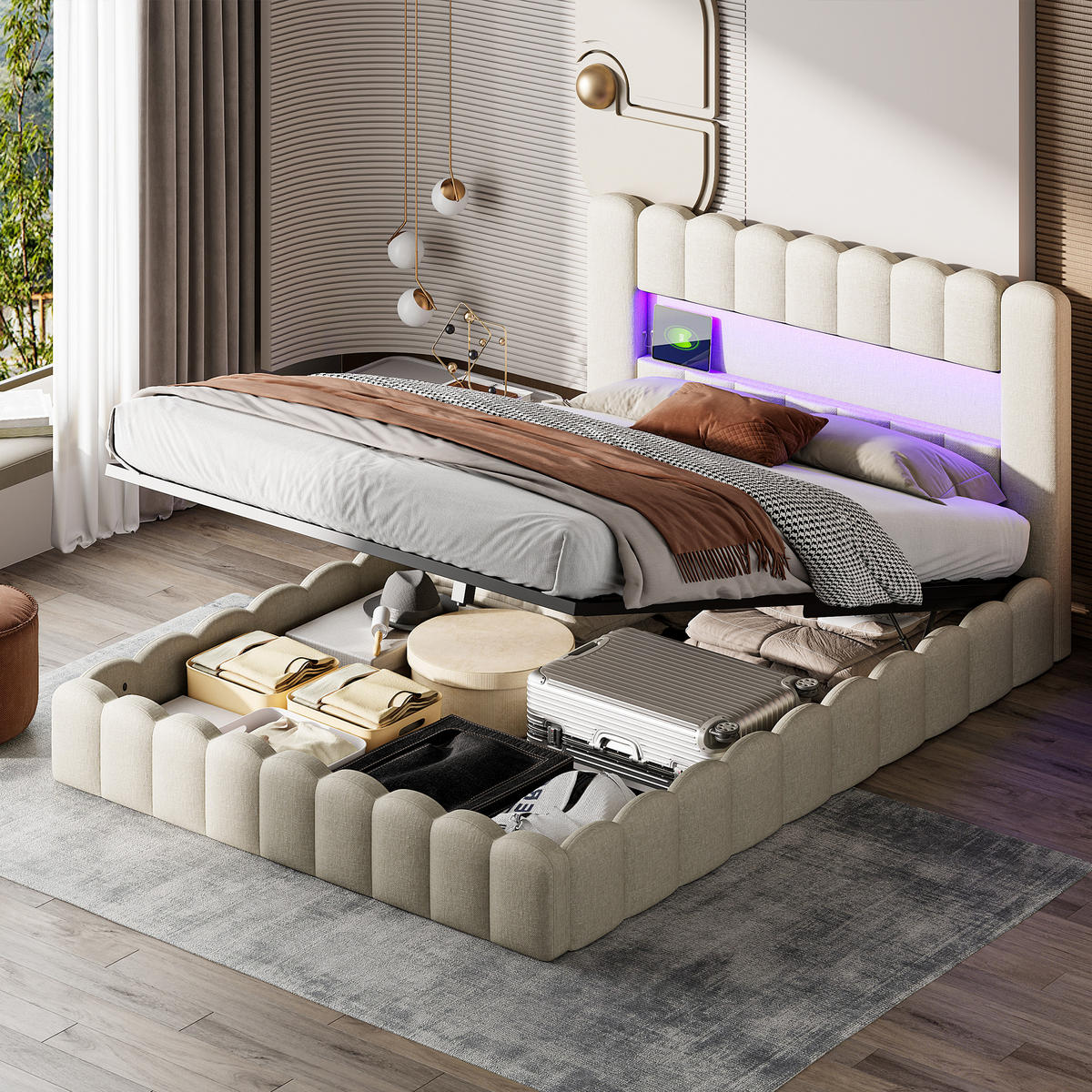 POLSTERBETT 140x200 cm Bubble Design LED USB Stauraum beige - Beige, Holz (140/200cm) - LEBENLANG