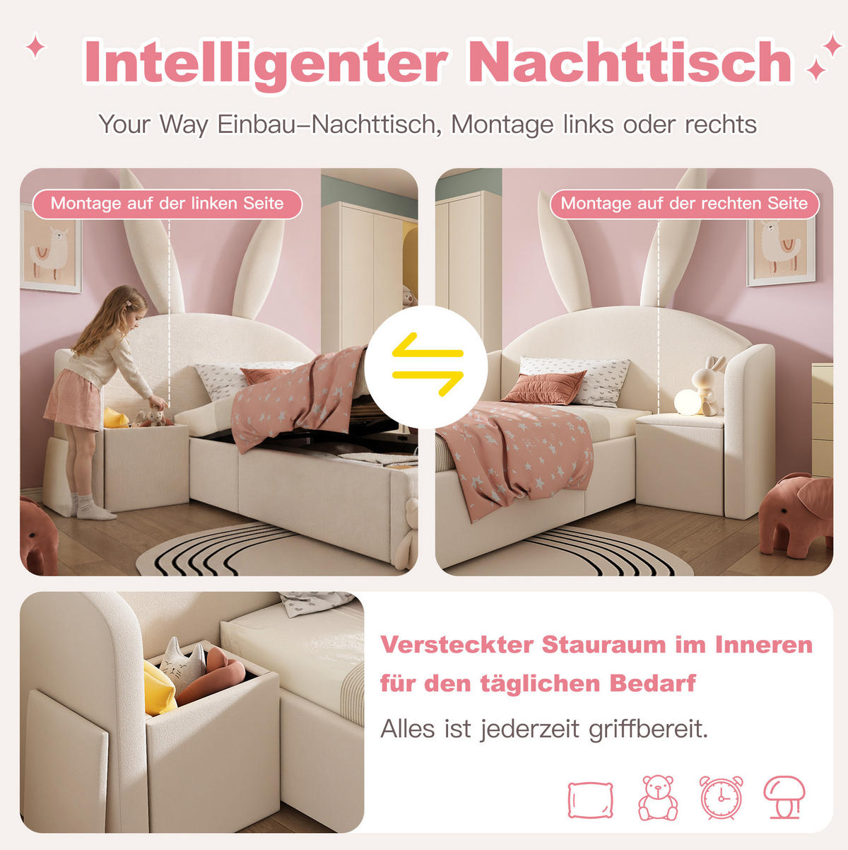 BETT mit Stauraum und Nachttisch 90x190 cm Samt Beige 2-tlg. - Beige, Metall (90/190cm) - Beauniv
