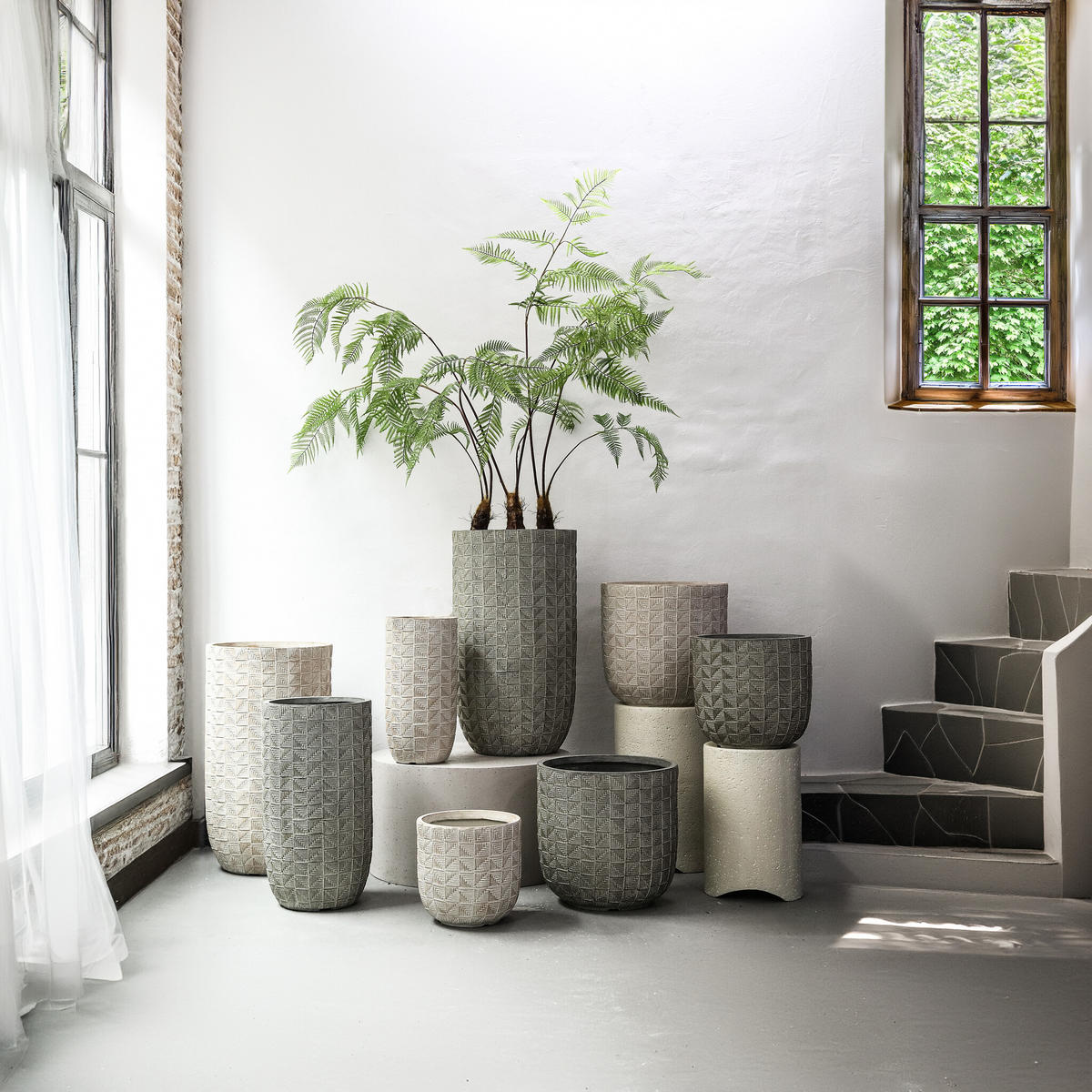 TOPF Suguna Grau 44/44/78cm 3er-Set - Grau, Kunststoff (78cm) - PTMD Collection