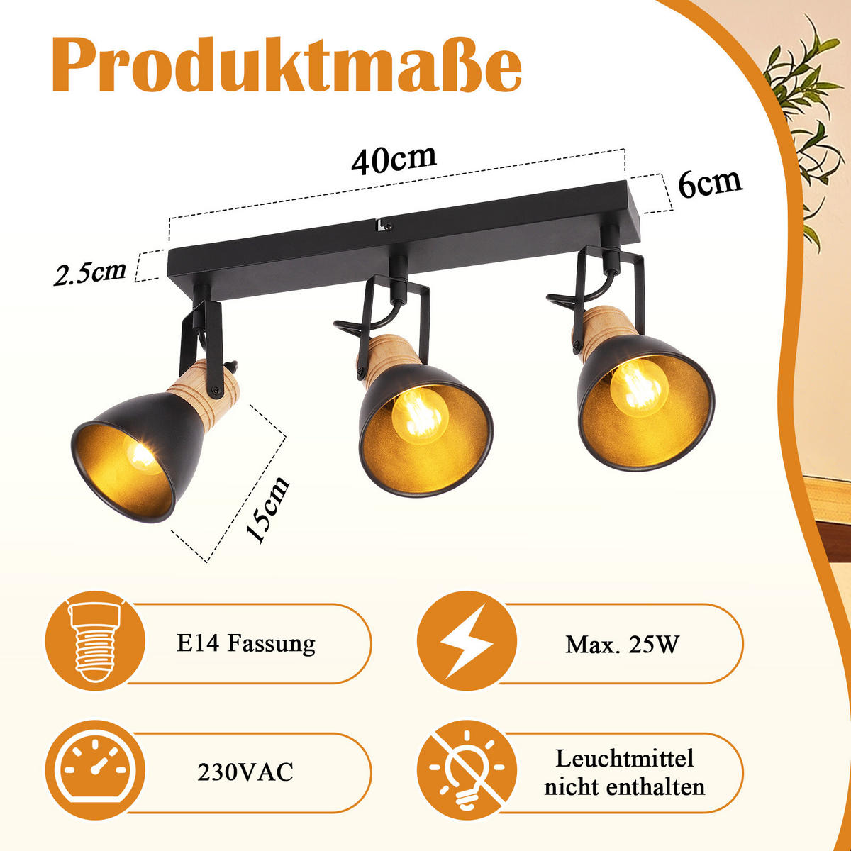 DECKENSTRAHLER Kryvnar 40/6/15 cm - Schwarz/Braun, Holz/Metall (40/6/15cm) - ZMH