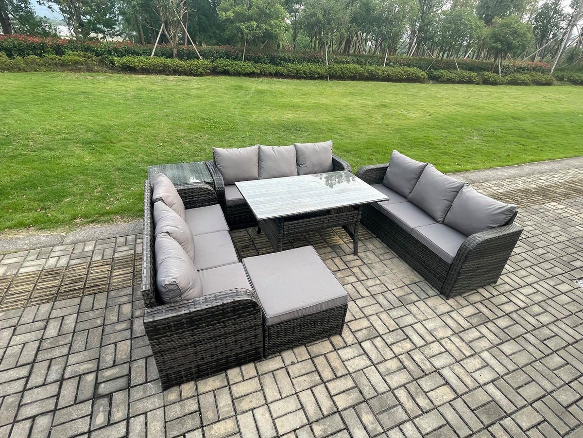 GARTENTISCHGRUPPE mit Beistelltisch,Hocker Polyrattan Dunkelgrau 10-Sitzer - Dunkelgrau/Grau, Glas/Kunststoff - Fimous