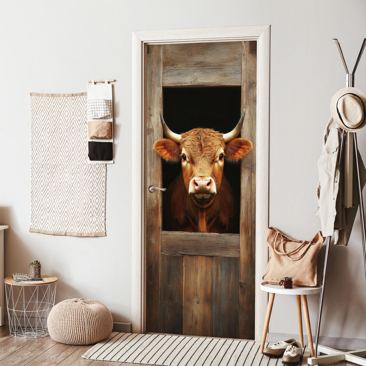 TÜRAUFKLEBER Kuh - Fenster - Holz - Tiere 85x215 cm - Türtapete - Wengefarben, Kunststoff (85/0.1cm) - MuchoWow