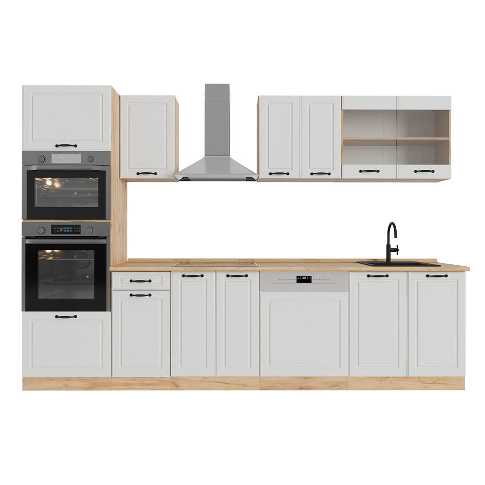 KUHINJSKI BLOK R-Line Seoska Bijela/Zlatna Snaga Hrasta 300 cm s visokim ormarićem, RP Hrast - bijela/hrast medunac, drvni materijal (300/81.6/60cm) - Vicco