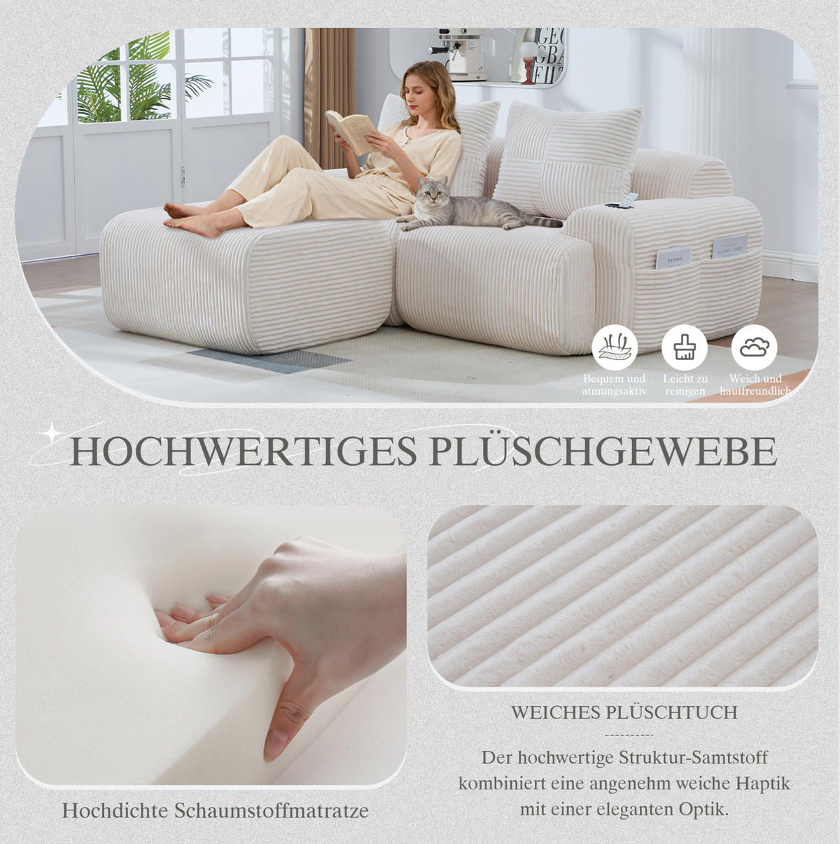 MODULARES 2-Sitzer Sofa Cord mit Getränkehalter und Seitentasche 200/174/80 cm Beige - Beige, Textil (174/200cm) - Redom
