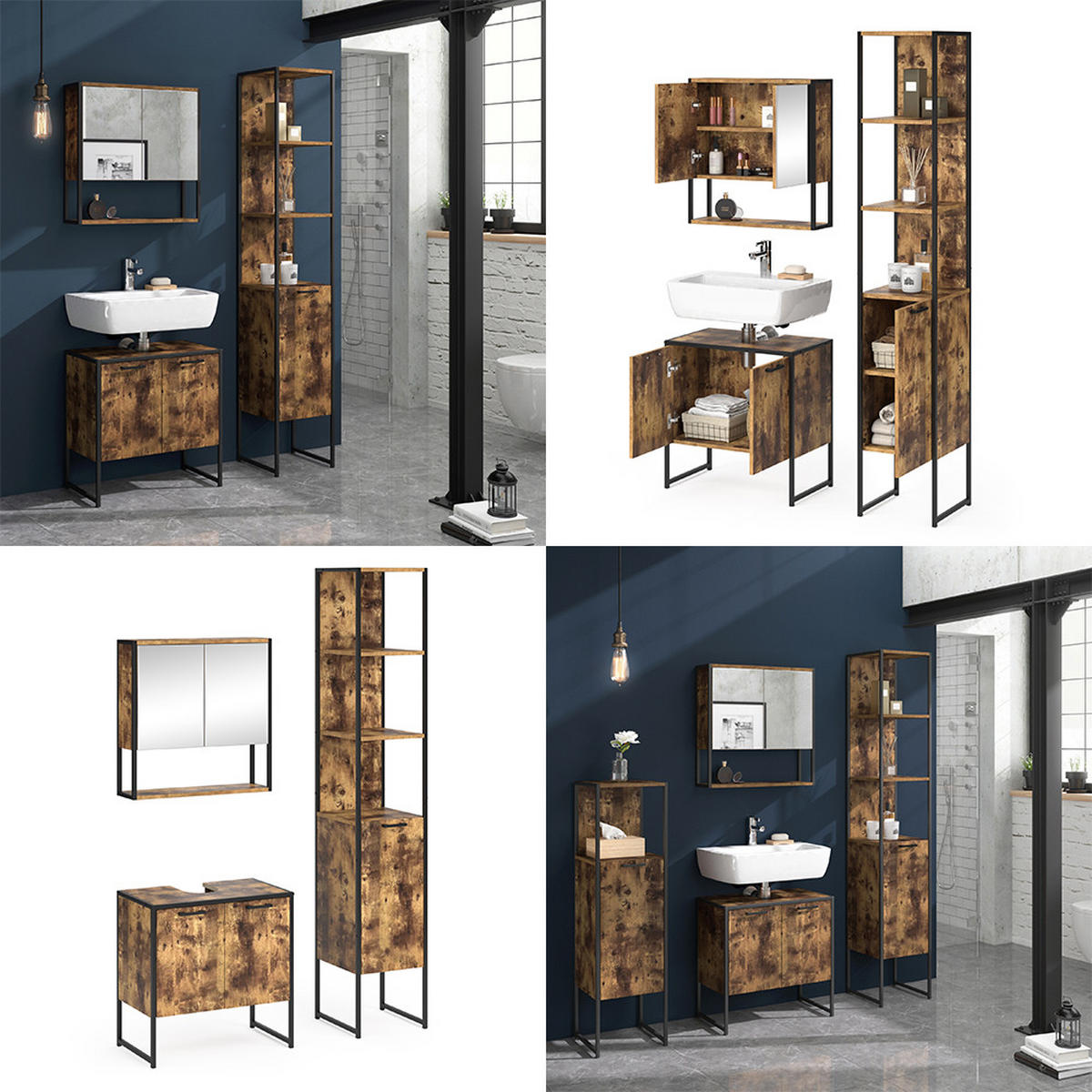 BADMÖBEL-SET Fyrk Antikholz 3 Teile, mit Unterschrank 60 cm - Eichefarben/Schwarz, Holzwerkstoff (60/60/33cm) - Vicco