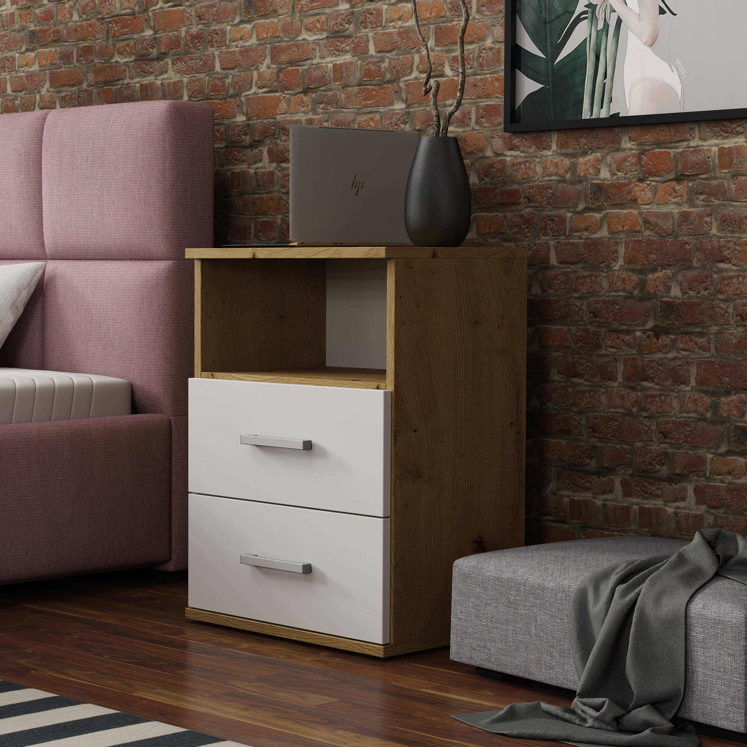 NACHTTISCH NOCTA 48/65,5/35 cm Weiß - Eiche Artisan/Weiß, Holzwerkstoff (48/65.5/35cm) - MASSENO