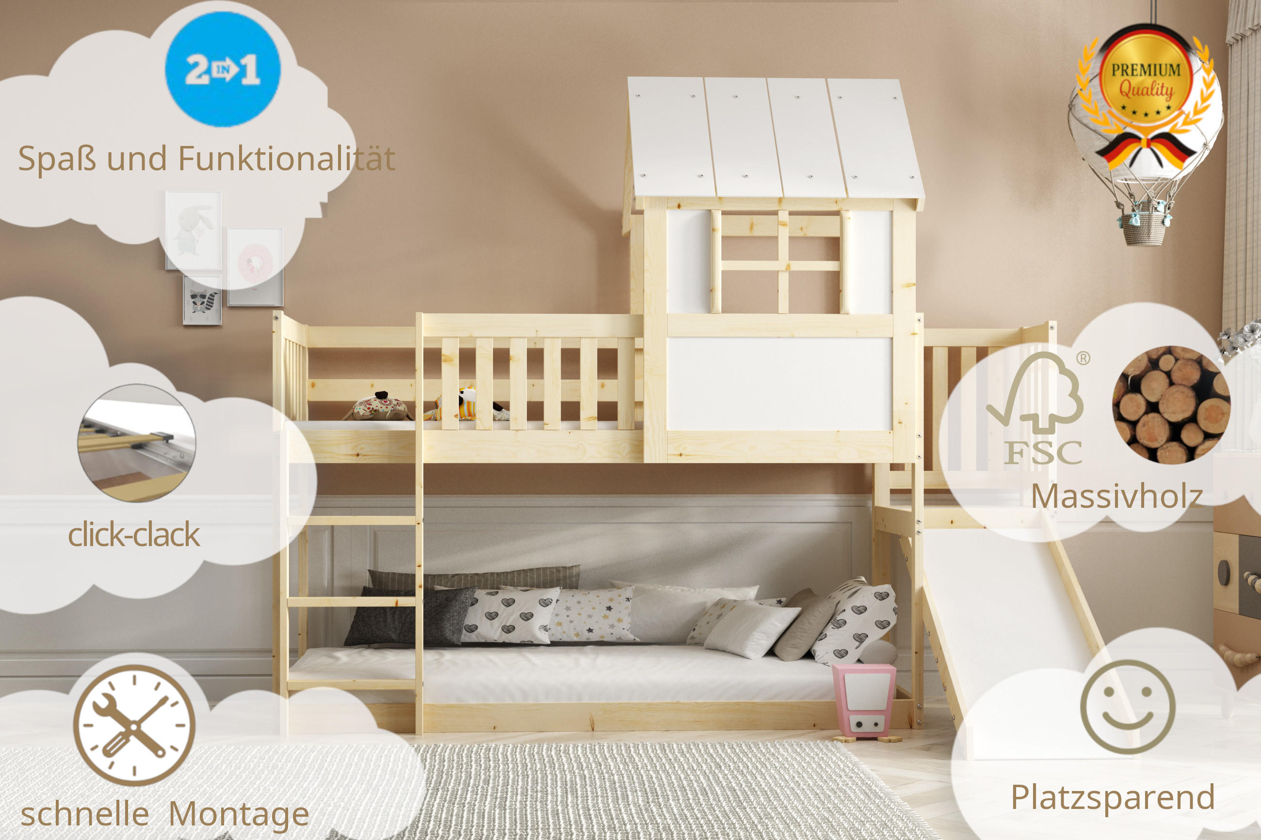 HOCHBETT mit Rutsche 200x90cm - Kieferfarben, Holz (90/200cm) - Interbeds