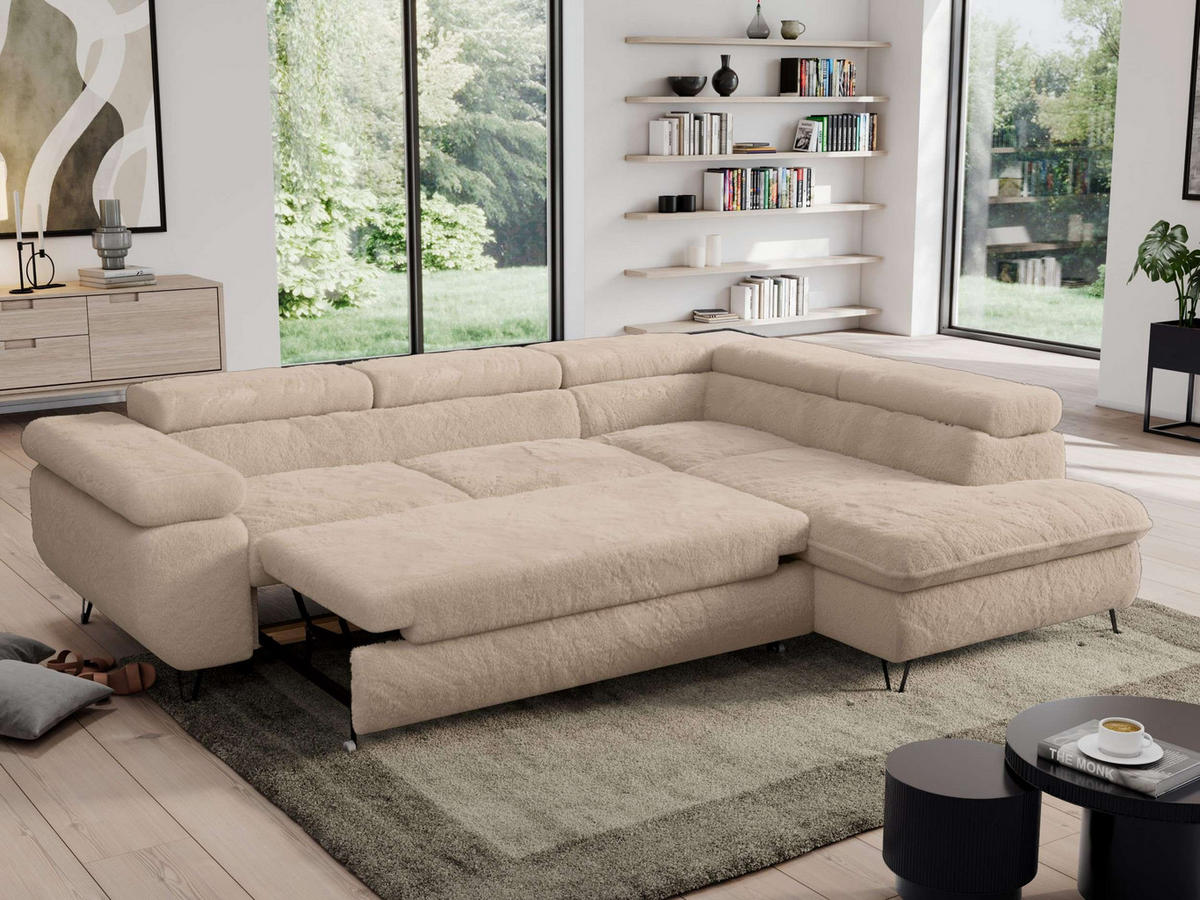 ECKSOFA PEDRO L Beige Plüsch - Rechts Seite - Beige/Schwarz, Textil/Metall (273/208cm) - MKS