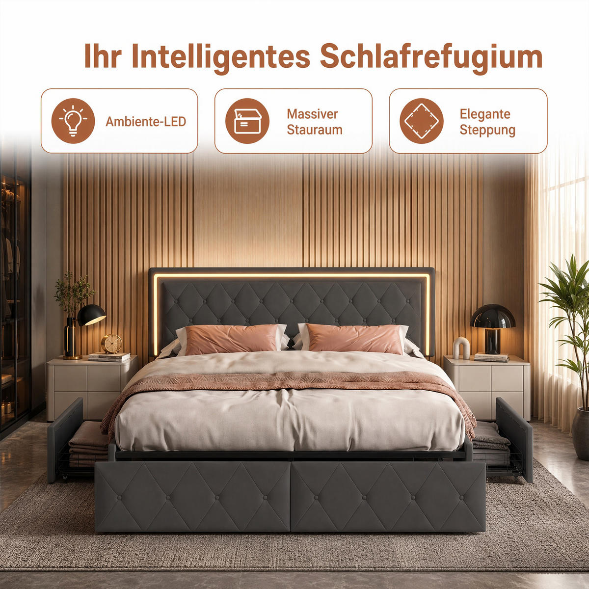POLSTERBETT 160x200 mit LED und Stauraum, Lattenrost, doppelbett 160x200 mit 4 Schublade, höhenverstellbares Kopfteil, PU grau - Grau, Leder/Holz (160/200cm) - GENKI LIVING