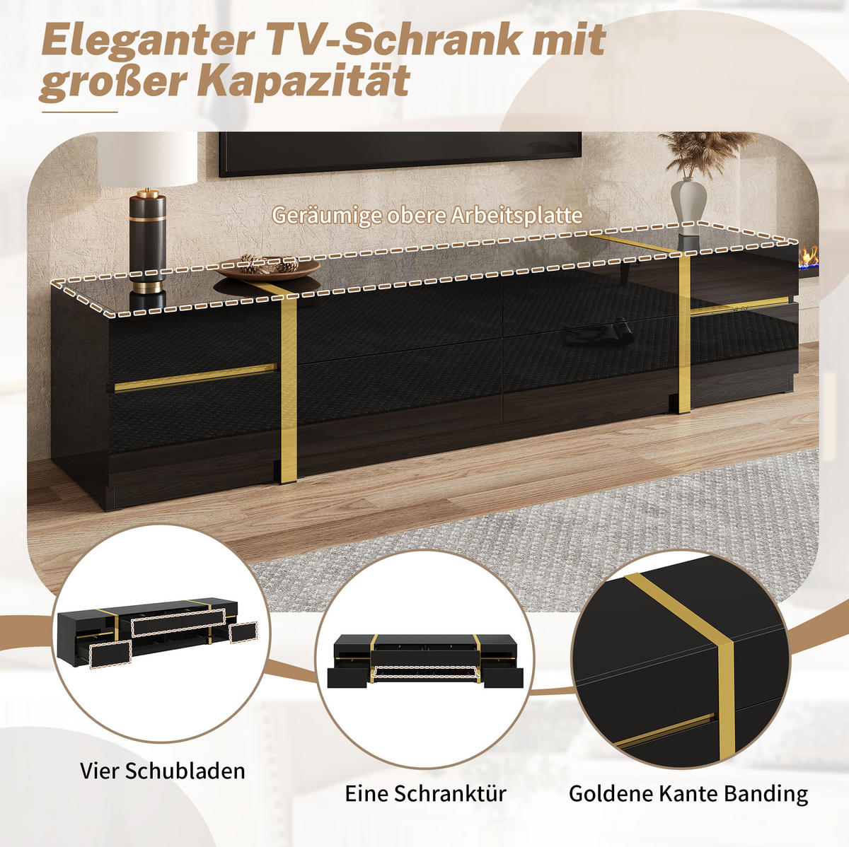 LOWBOARD 180/40/38 cm Schwarz aus MDF und Spanplatte mit Hochglanz - Schwarz, Holzwerkstoff (40/38/180cm) - OKMYHOME