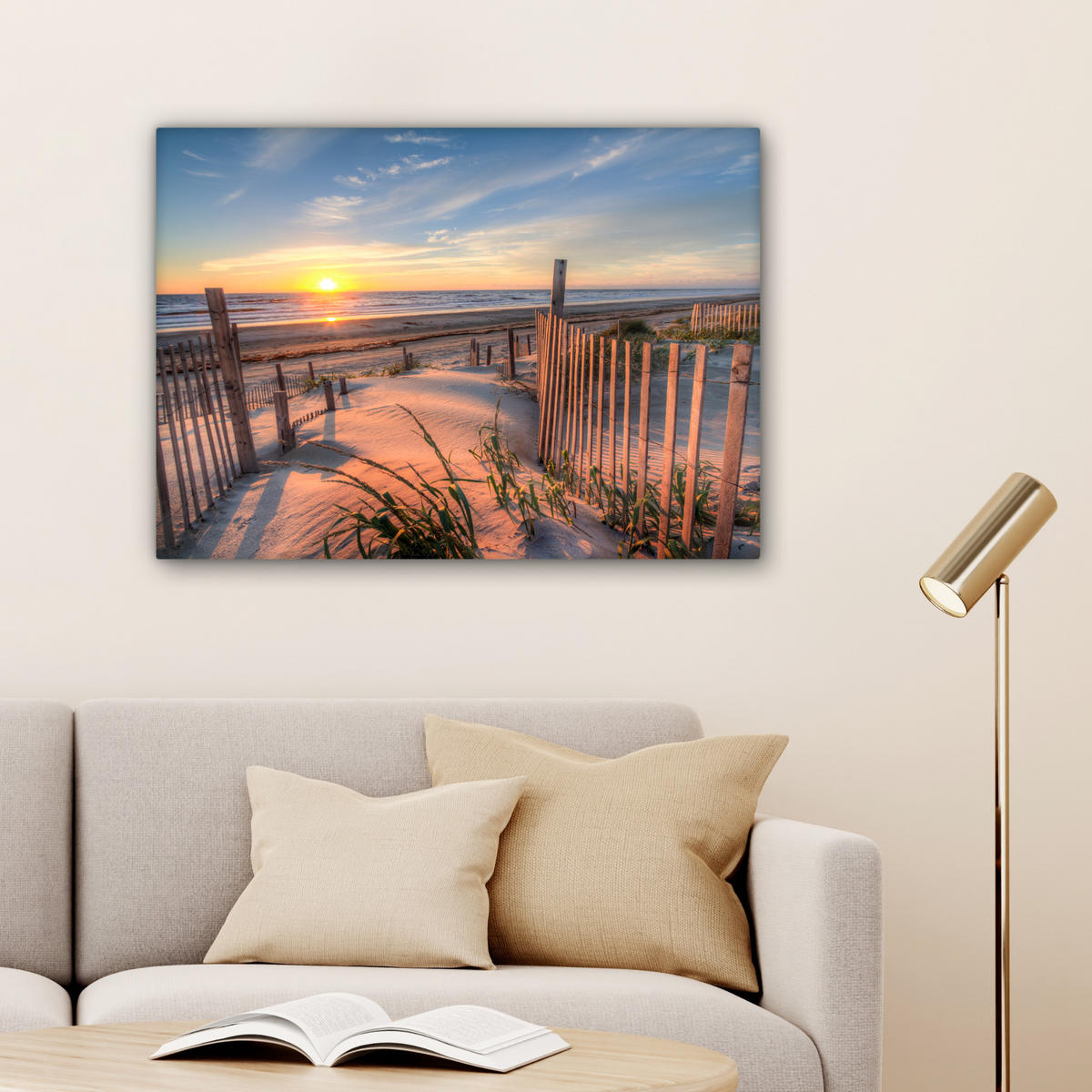LEINWANDBILD Strand - Meer - Düne - Sonnenuntergang - Landschaft Wandbilder 80x60 cm - Beige, Textil (80/60cm) - MuchoWow