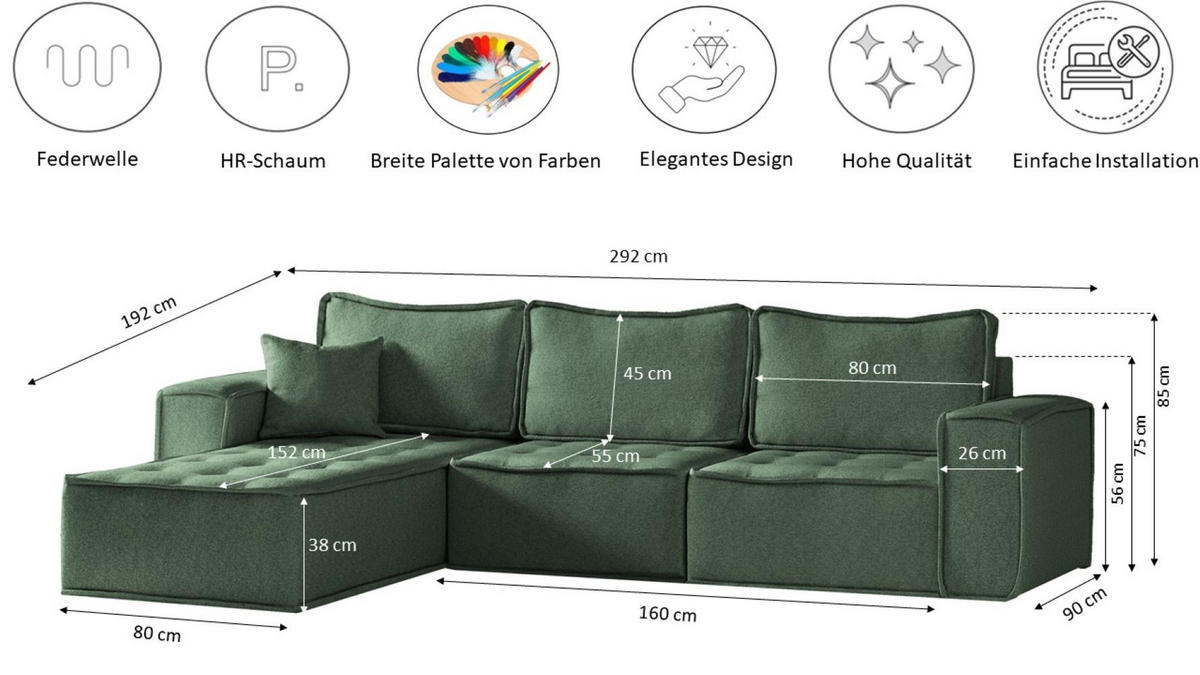 ECKSOFA L-förmige Bohoo-Maxi Hellgrün Links - Hellgrün, Holz (192/292cm) - Kaiser Möbel