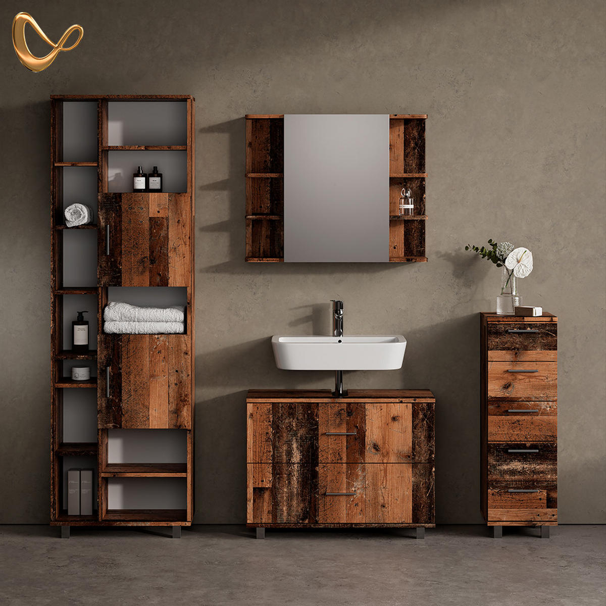 BADMÖBEL-SET Eisak Eiche rustikal 4 Teile, mit Hochschrank - Wildeiche, Holzwerkstoff (80/60/33cm) - Livinity®
