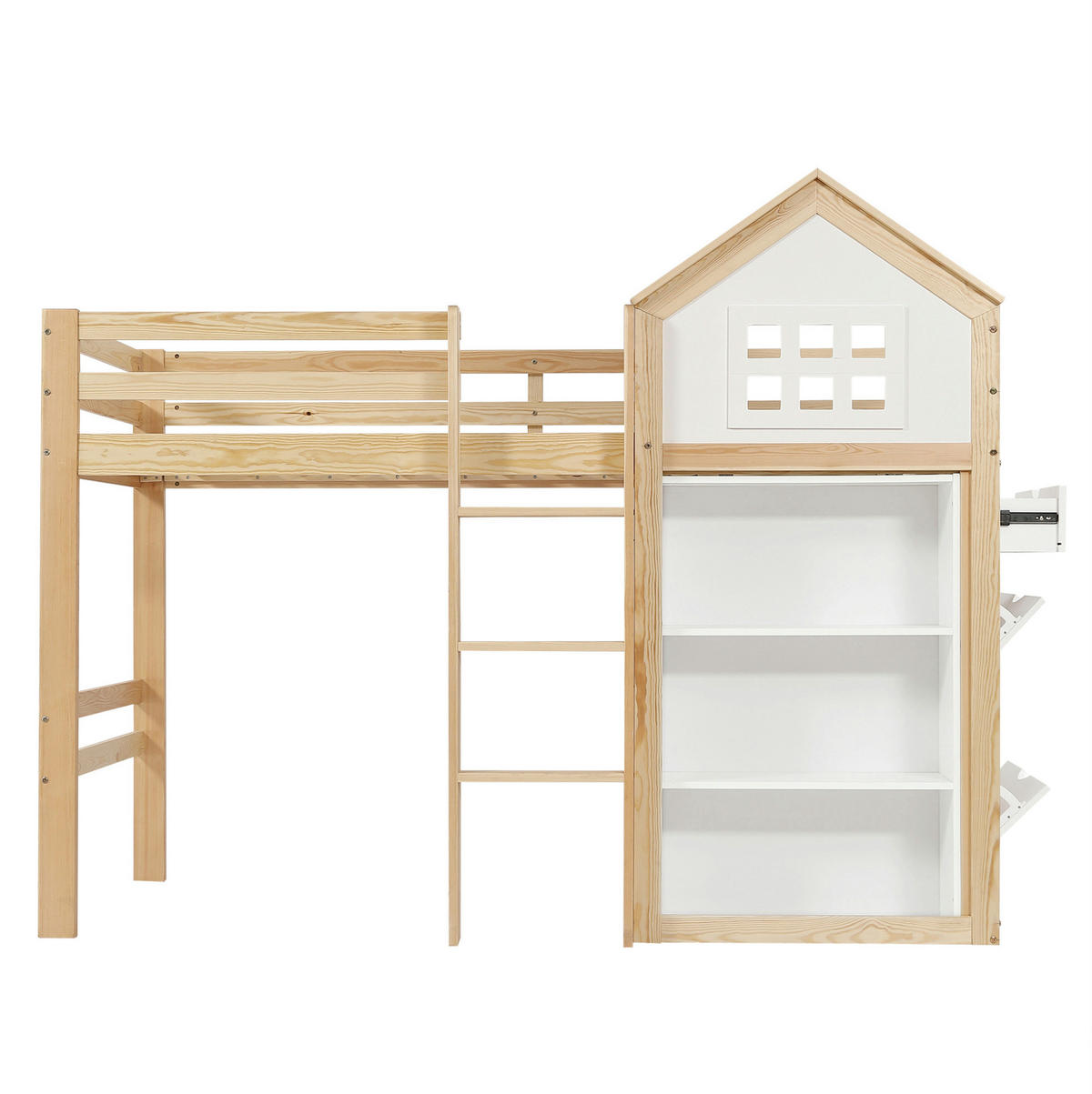 HOCHBETT Hausdesign 90/200 cm Weiß Natur mit Staufächern, Schubladen ohne Matratze - Weiß, Holz (90/200cm) - MIVRAY