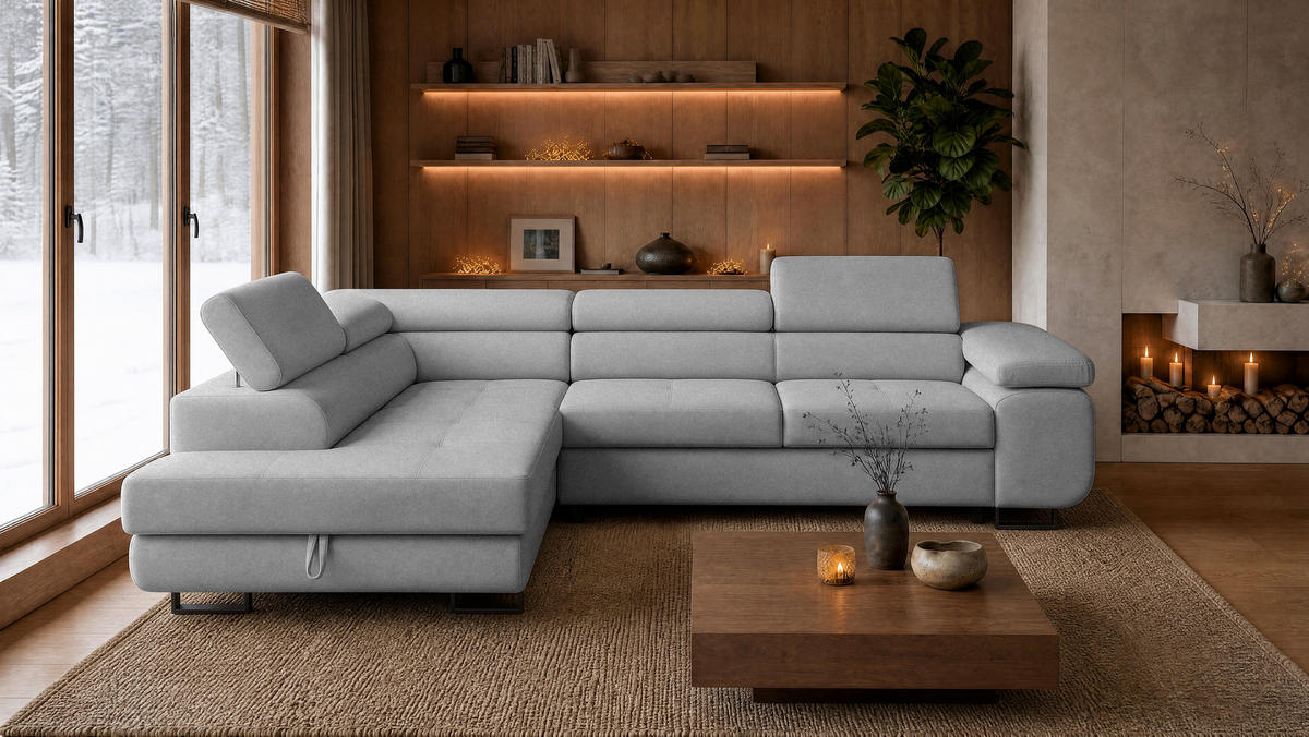 ECKSOFA Velmo mit Bettkasten und Schlaffunktion, verstellbaren Kopfstützen, in L-Form - Hellgrau, Textil (275/203cm)