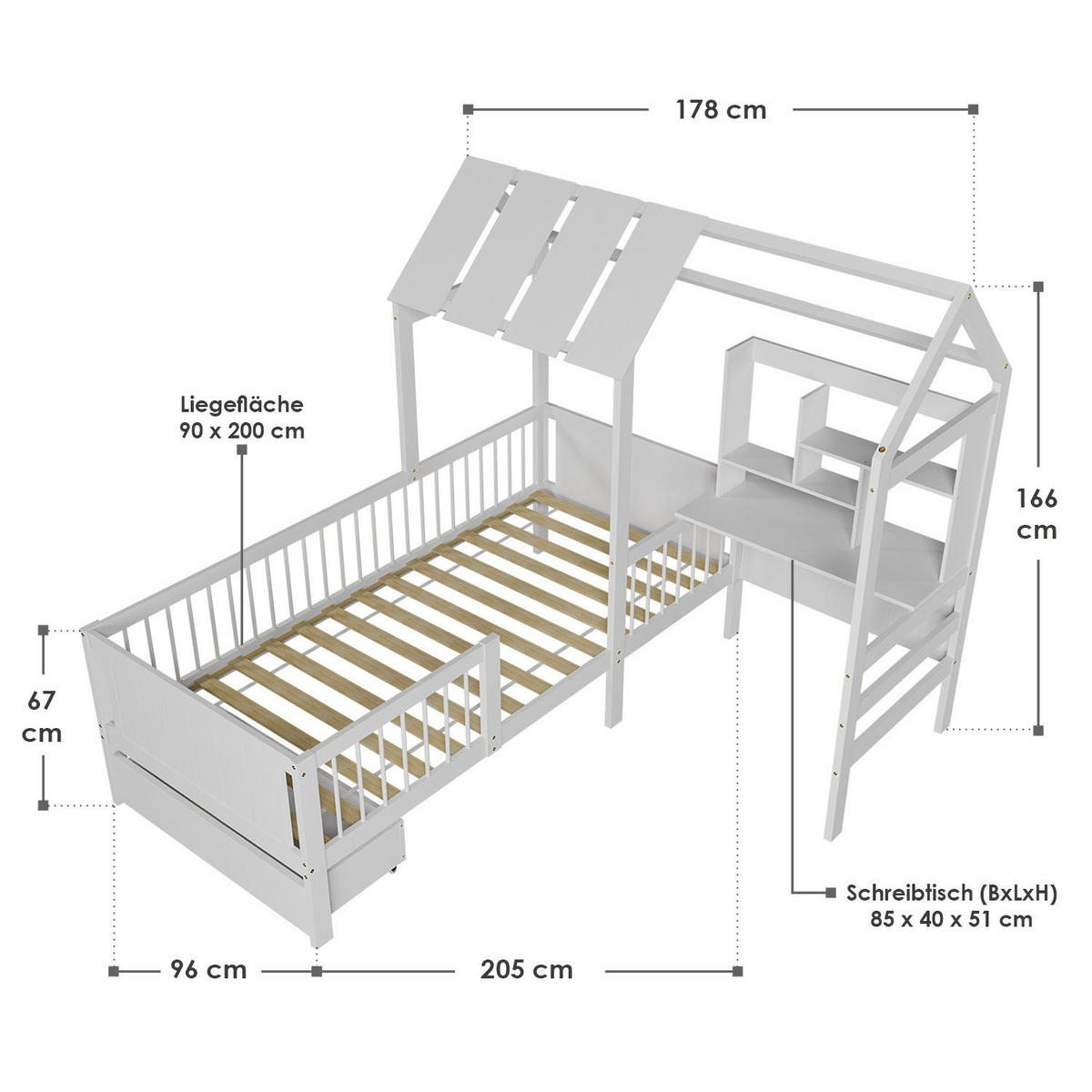 KINDERBETT Yari 90x200 cm Weiß - Weiß, Holz (90/200cm) - Juskys