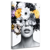 LEINWANDBILD Porträt einer Frau mit Blumen auf dem Kopf 60x90cm - Schwarz, Textil (60/90cm) - Feeby