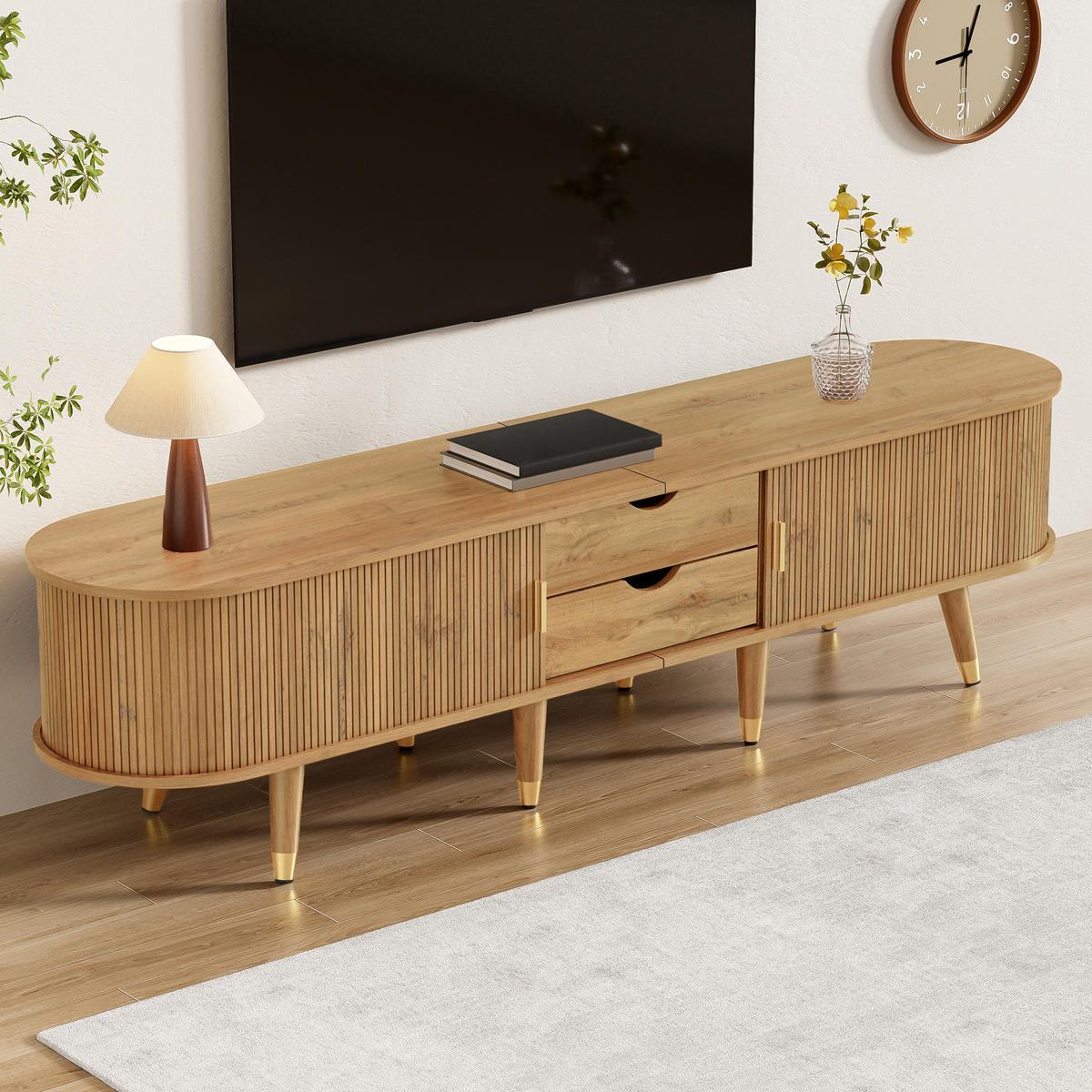 TV-ELEMENT175X38X45CM MDF SchiebetürenHolzoptik mit Kabelmanagement - Naturfarben, Holz (45.72/17.15/118cm) - Raelunyi