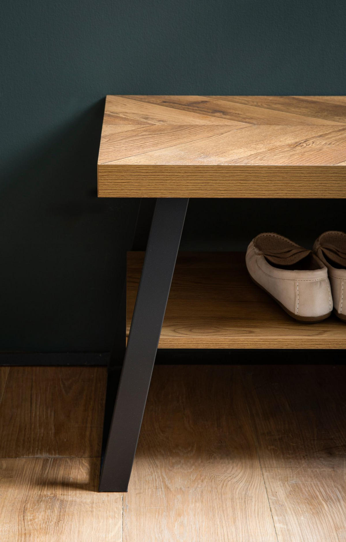 SCHUHBANK – 100x41x40 cm, Eiche-Dekor, Fischgrät, mit Ablage - Schwarz/Braun, Holz/Holzwerkstoff (100/41/40cm) - KADIMA DESIGN