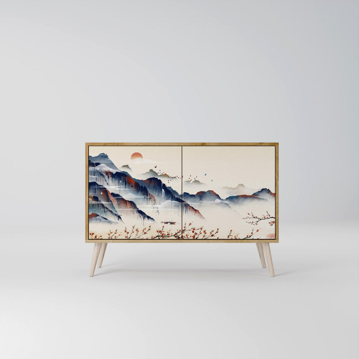 SIDEBOARD JAPANESE LANDSCAPE, Eicheneffekt, 111x42x77,5 cm, 2 Türen - Eichefarben/Buchefarben, Holzwerkstoff/Buchenholz (111/77.5/42cm) - SpaceRebels