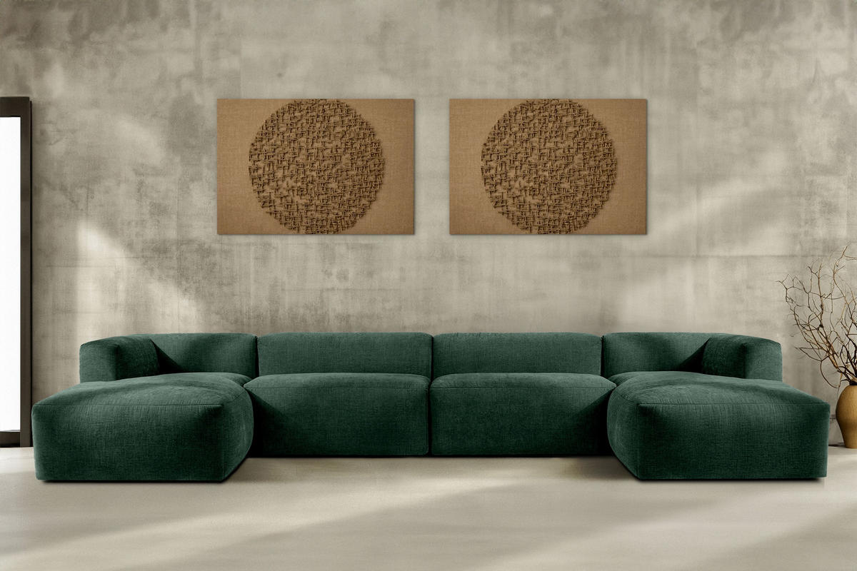 PANORAMA-ECKSOFA BUFFO 7/8 Sitzer mit extrem weicher Sitzfläche, Gewebestoff, maritim - Grün, Textil (424/73/180cm) - KONSIMO®