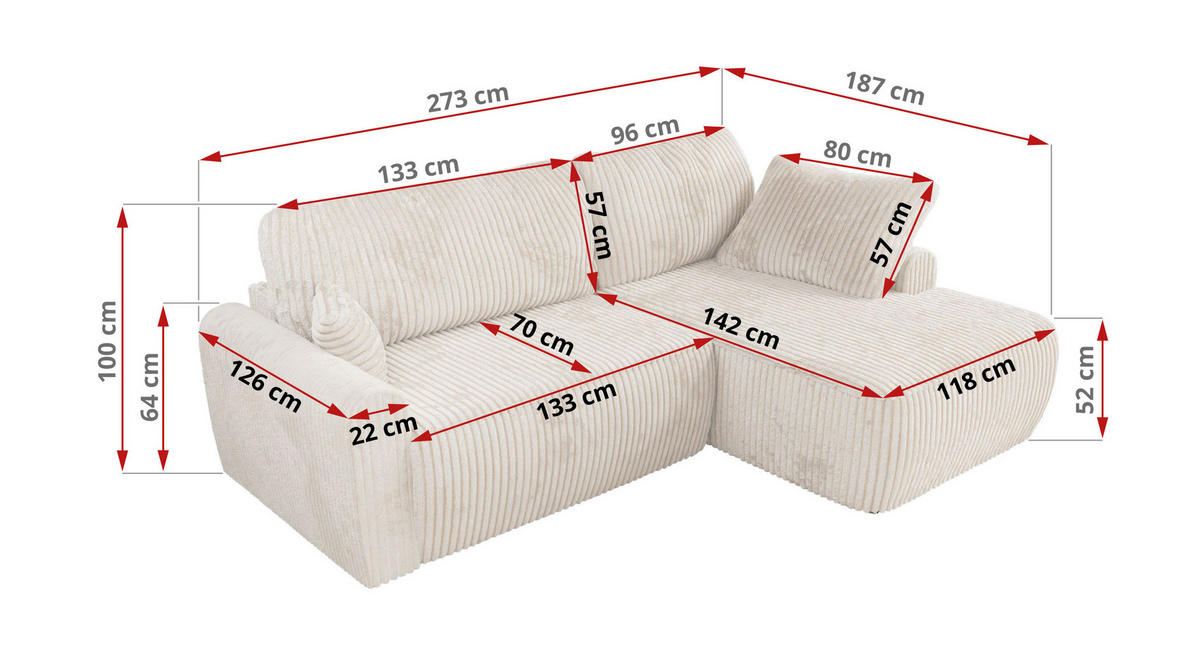 ECKSCHLAFSOFA CUBO L Creme Cord - links - Creme/Schwarz, Kunststoff/Textil (273/187cm) - MKS